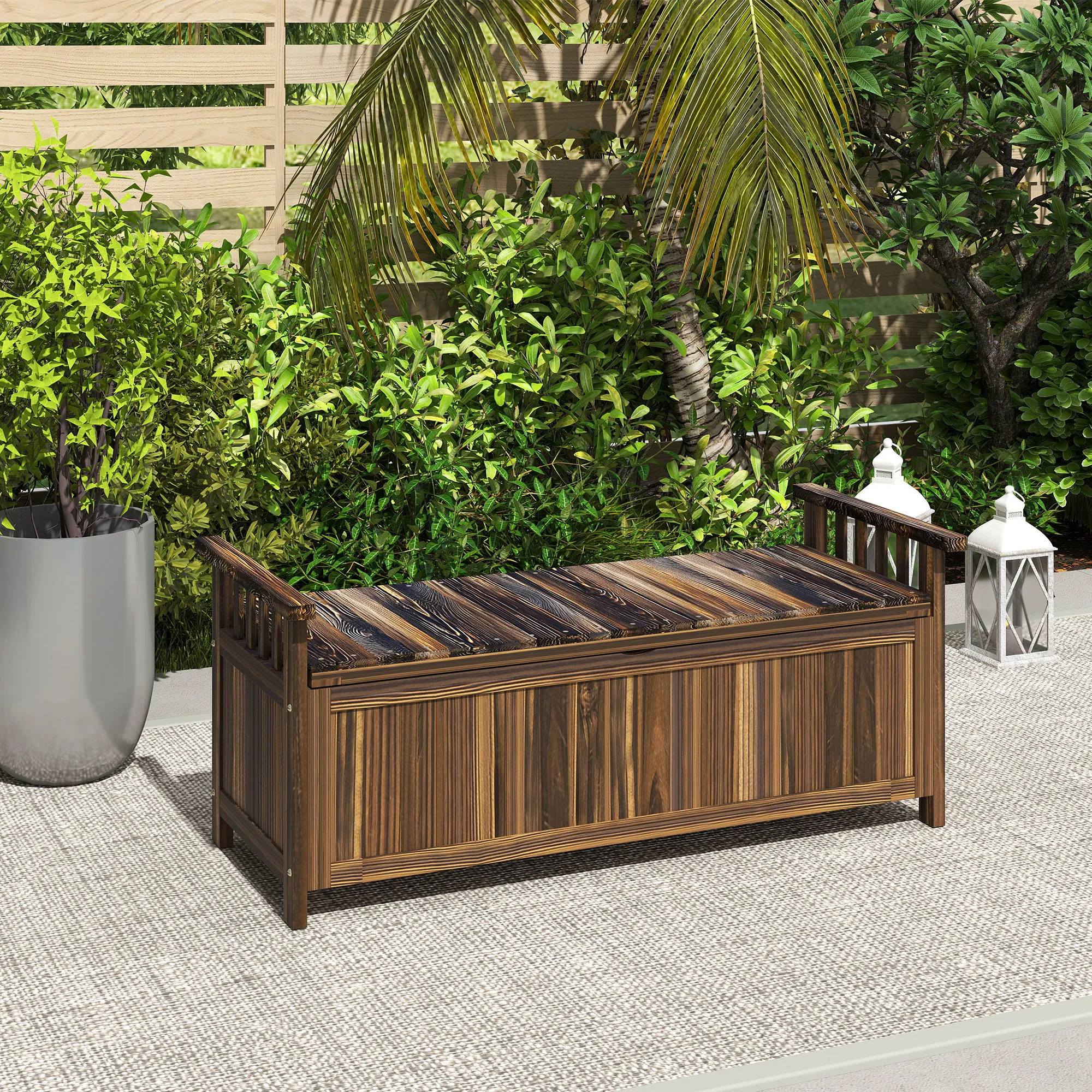2-Sitzer Gartenbank Holz, wetterfest Sitzbank, Gartenmöbel mit Stauraum Armlehnen 128,5 x 52 x 53,5cm, Verkohlt