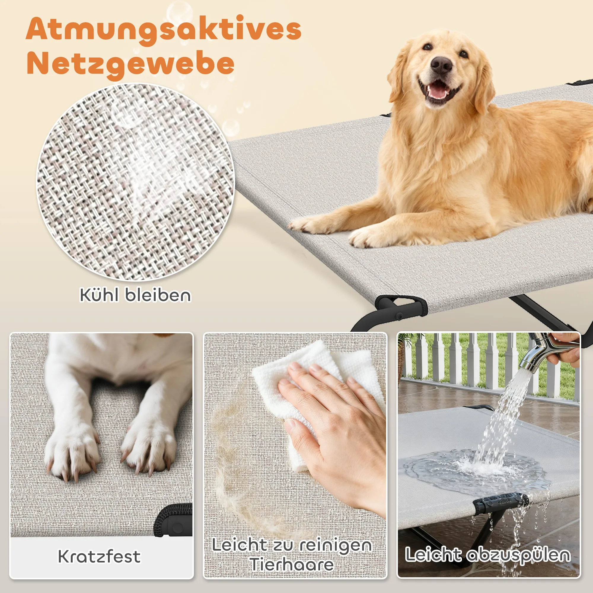 Hundebett Outdoor erhöht für große Hunde, Stahl, 152x94x23 cm, Beige
