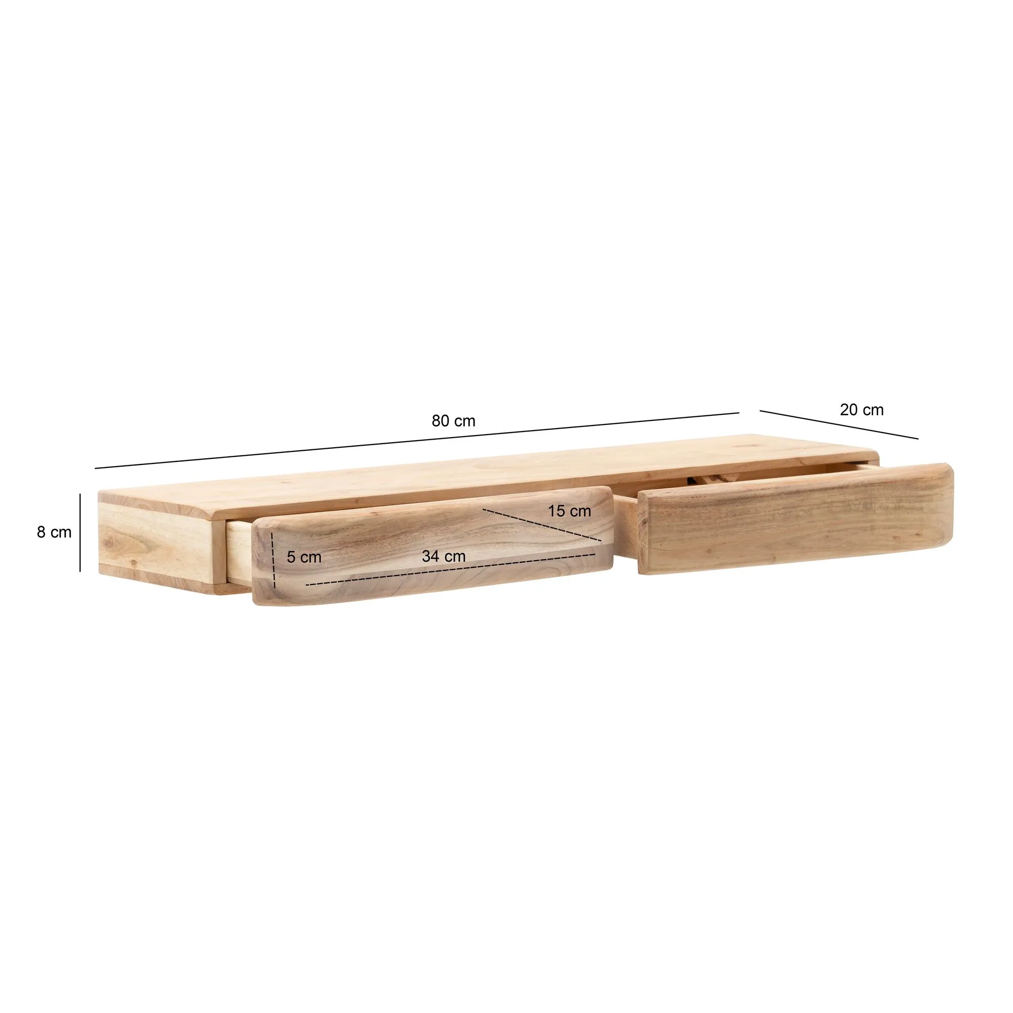 Wandregal Akazie Massivholz 80cm mit zwei Schubladen - Design Regal für die Wand - Holz Wandboard mit Stauraum - Schwebendes Hängeregal aus Echtholz