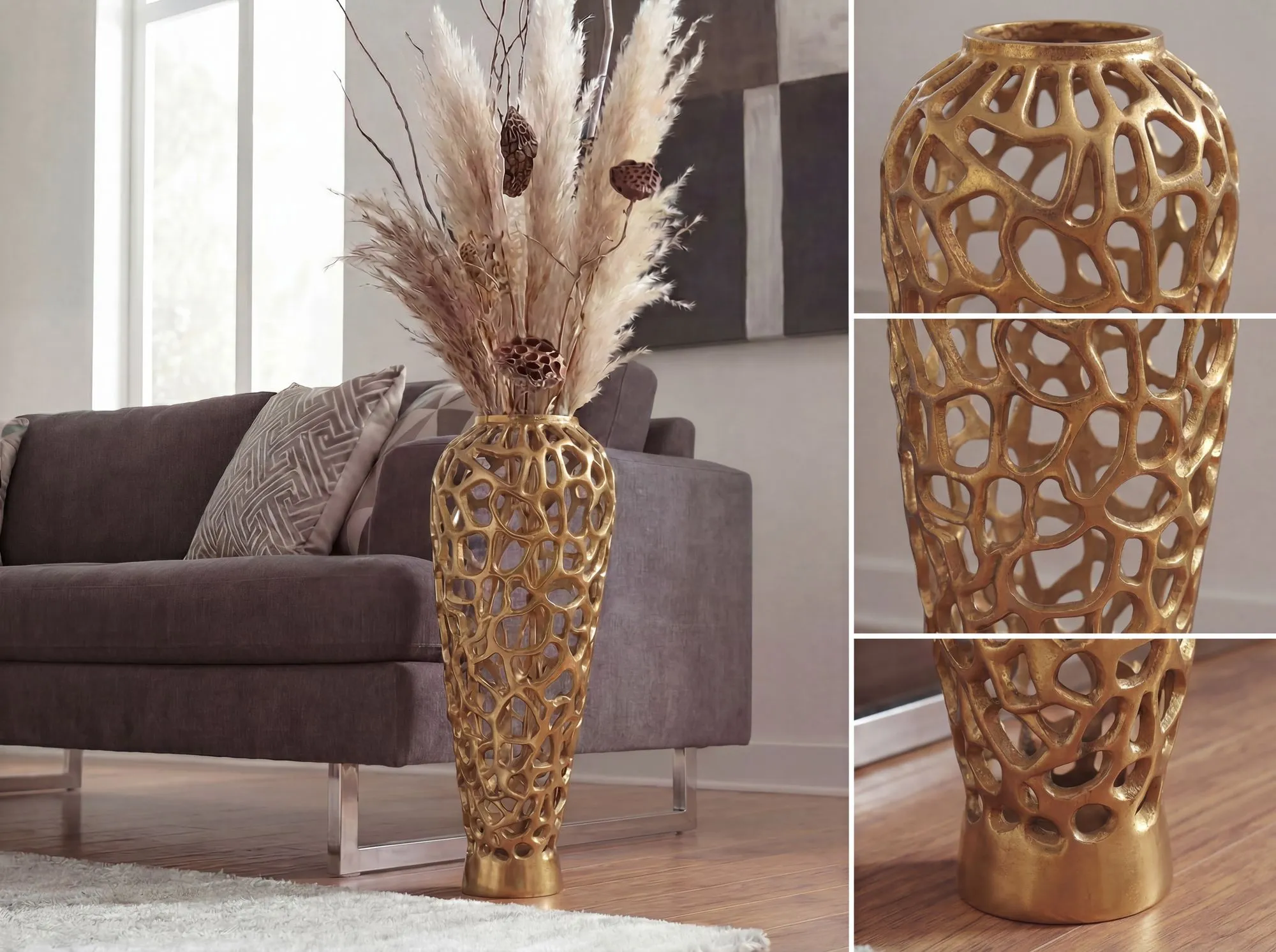 Bodenvase Aluminium 85cm Gold - Design Blumenvase Groß - Metallvase Modern - Dekovase rund für Trockenblumen - XXL Standvase Hoch - Wohnzimmer Deko - Wohndeko Handmade