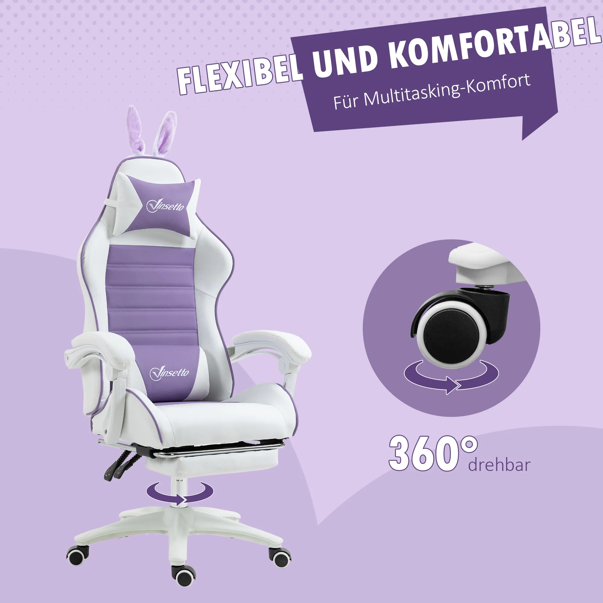Gaming-Stuhl mit Fußstütze 65L x 63B x 136-142H cm Violett+Weiß
