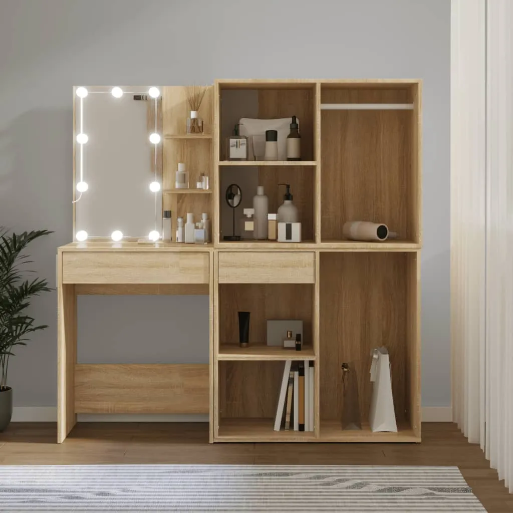 LED-Schminktisch Sonoma-Eiche 60x40x140 cm mit 2 Schränken