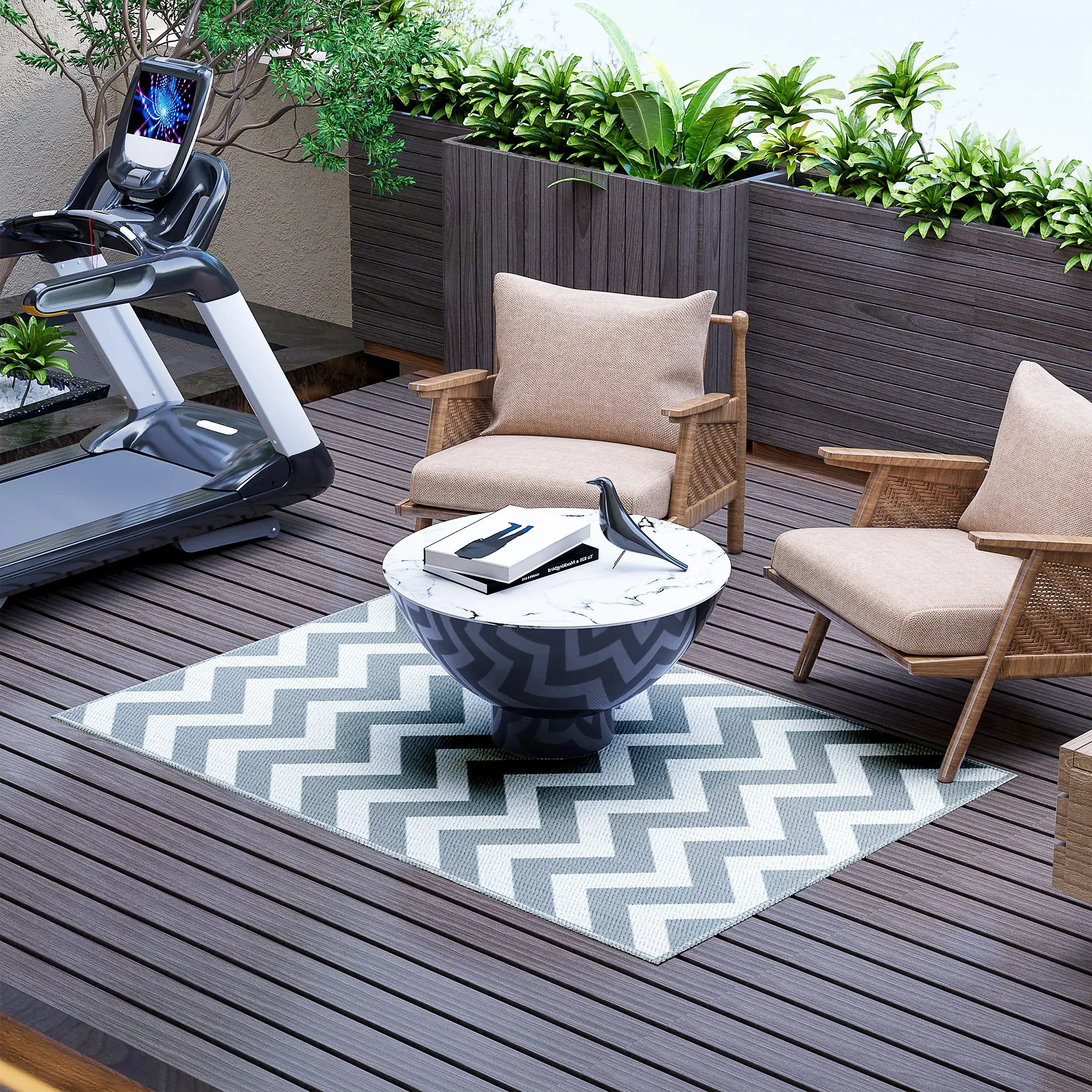 Doppelseitiger Outdoor-Teppich 121x182 cm Grau+Weiß