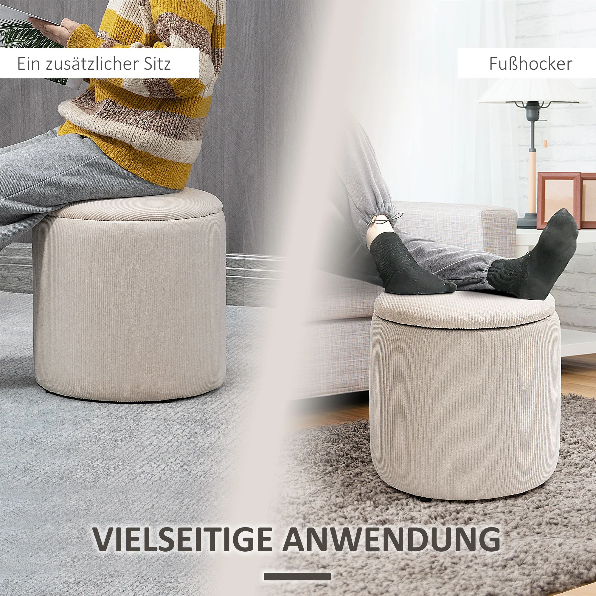 Hocker Ottomane, Zweier-Set, mit Stauraum, weiche Polsterung, Bezug in Cordoptik, Cremeweiß, 40 x 40 x 41cm