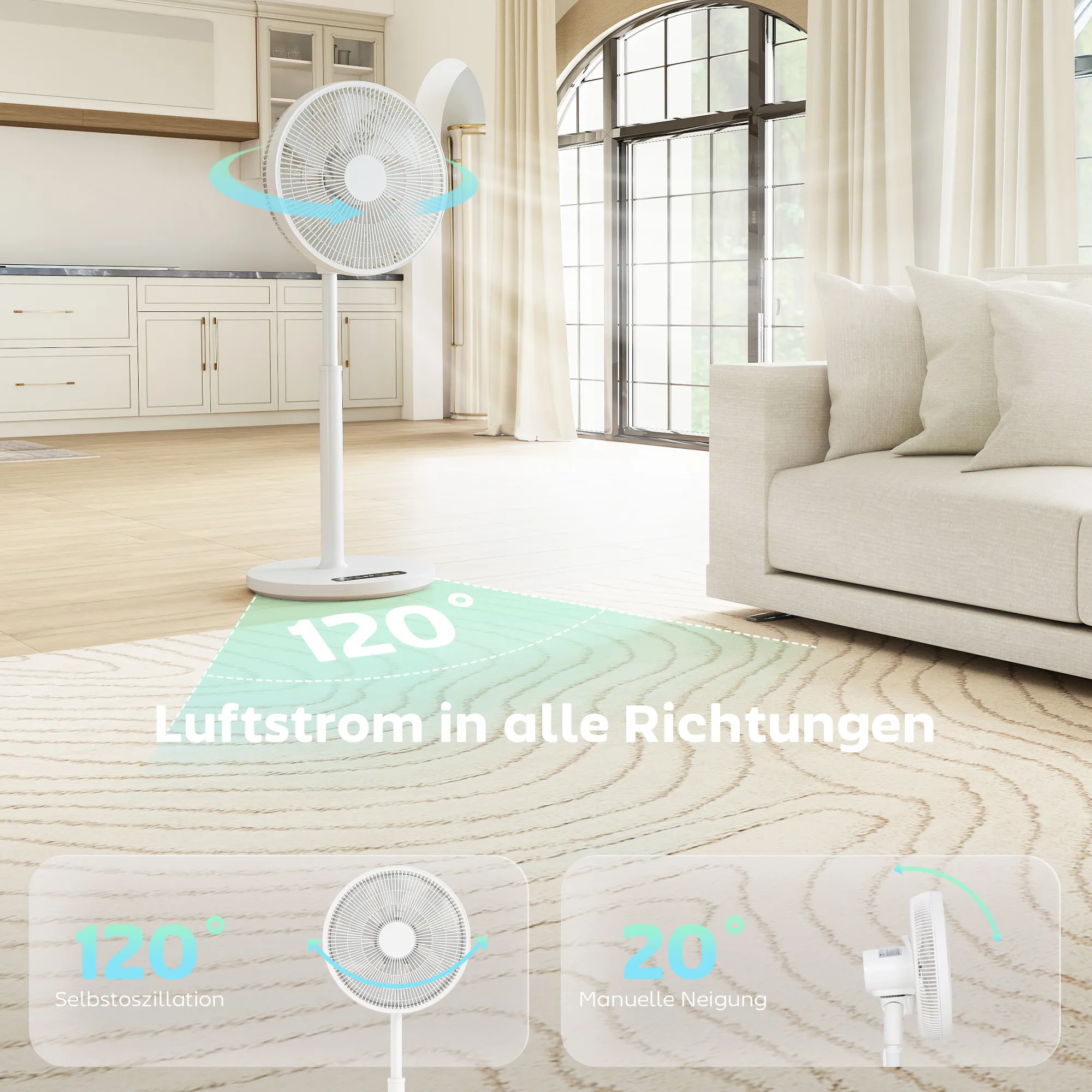Standventilator mit Fernbedienung und 12 Geschwindigkeiten, Bodenventilator mit verstellbarer Höhe für Schlafzimmer Weiß