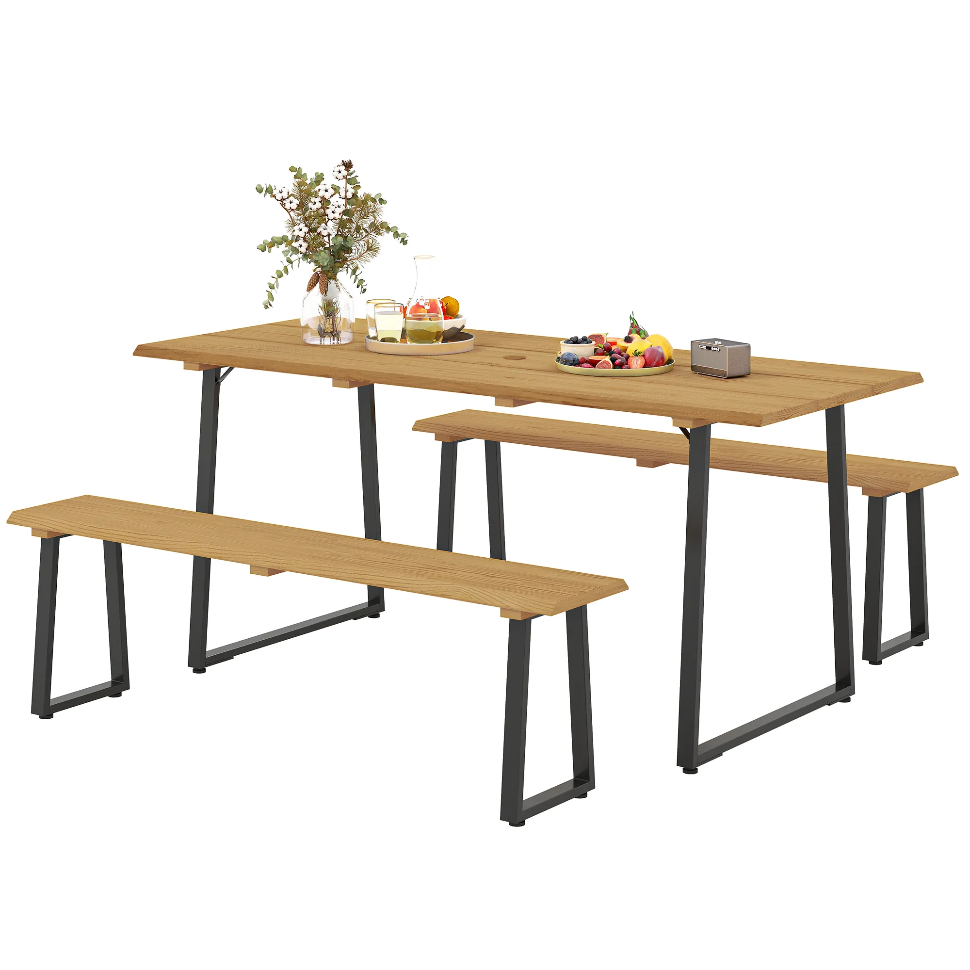 Sitzgruppe 3-teilig Holz Essgruppe für 6 Personen Esstisch mit 2 Bänke Schirmloch Holztisch 178 x 76 x 77 cm Naturholz