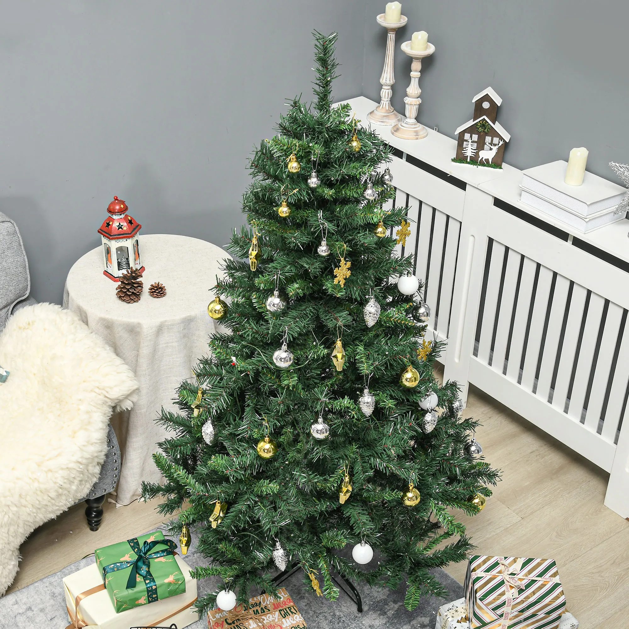 Weihnachtsbaum Christbaum künstlicher Weihnachtsbaum, inkl. Schmuck 95 cm x 95 cm x 150 cm, Grün