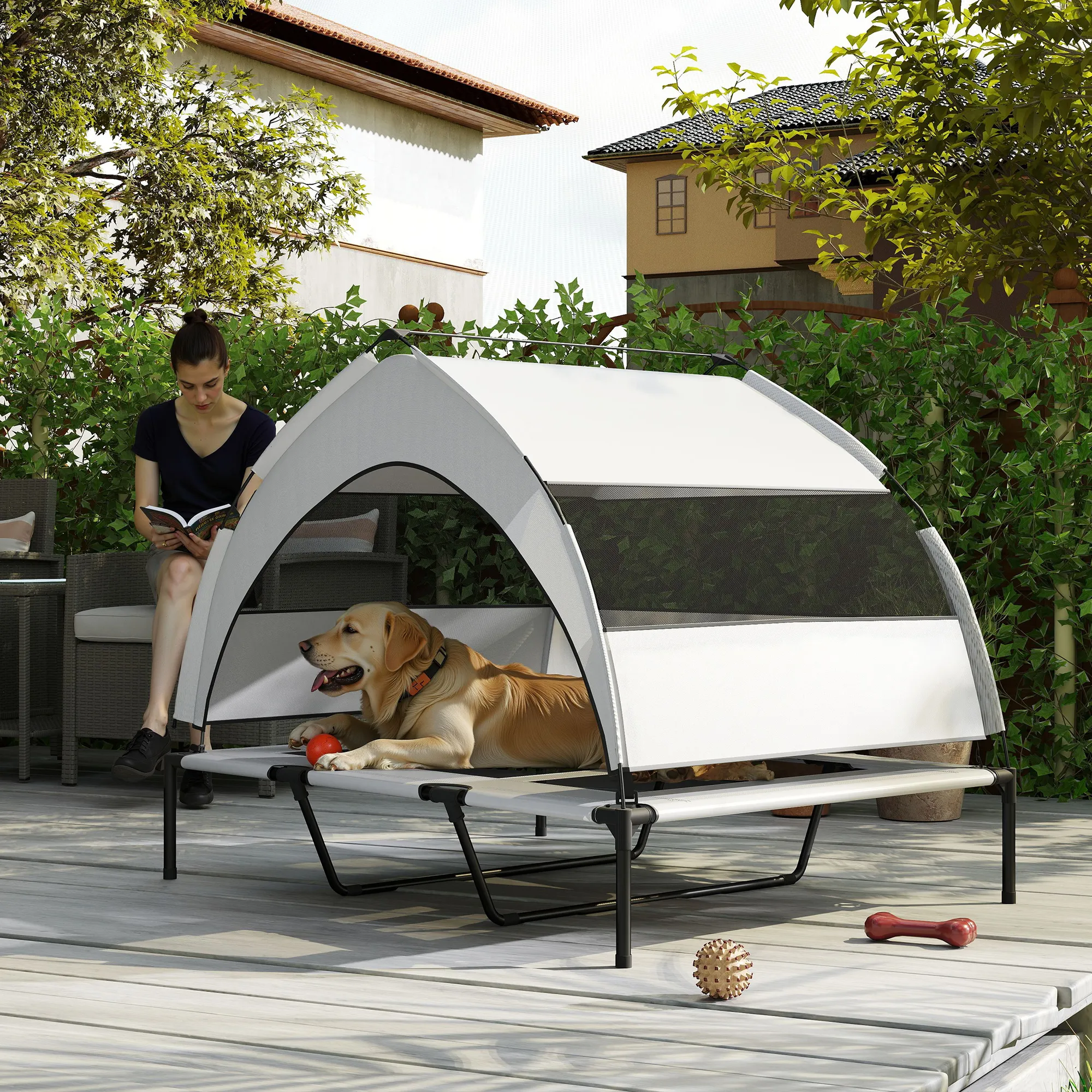 Hundebett Outdoor mit Dach, erhöht, Stahlrahmen, 122x92x94cm, Grau