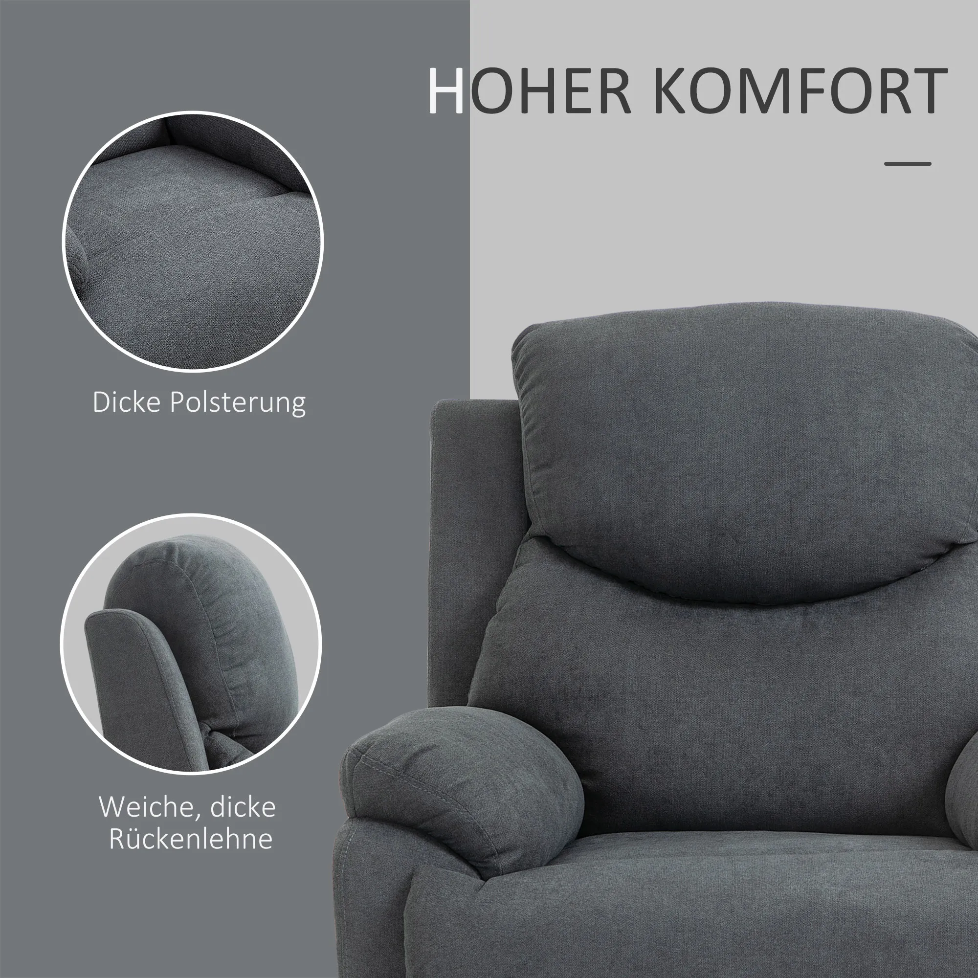 Sessel mit Liegefunktion für Wohnzimmer, 150° neigbar, Leinenoptik, Dunkelgrau