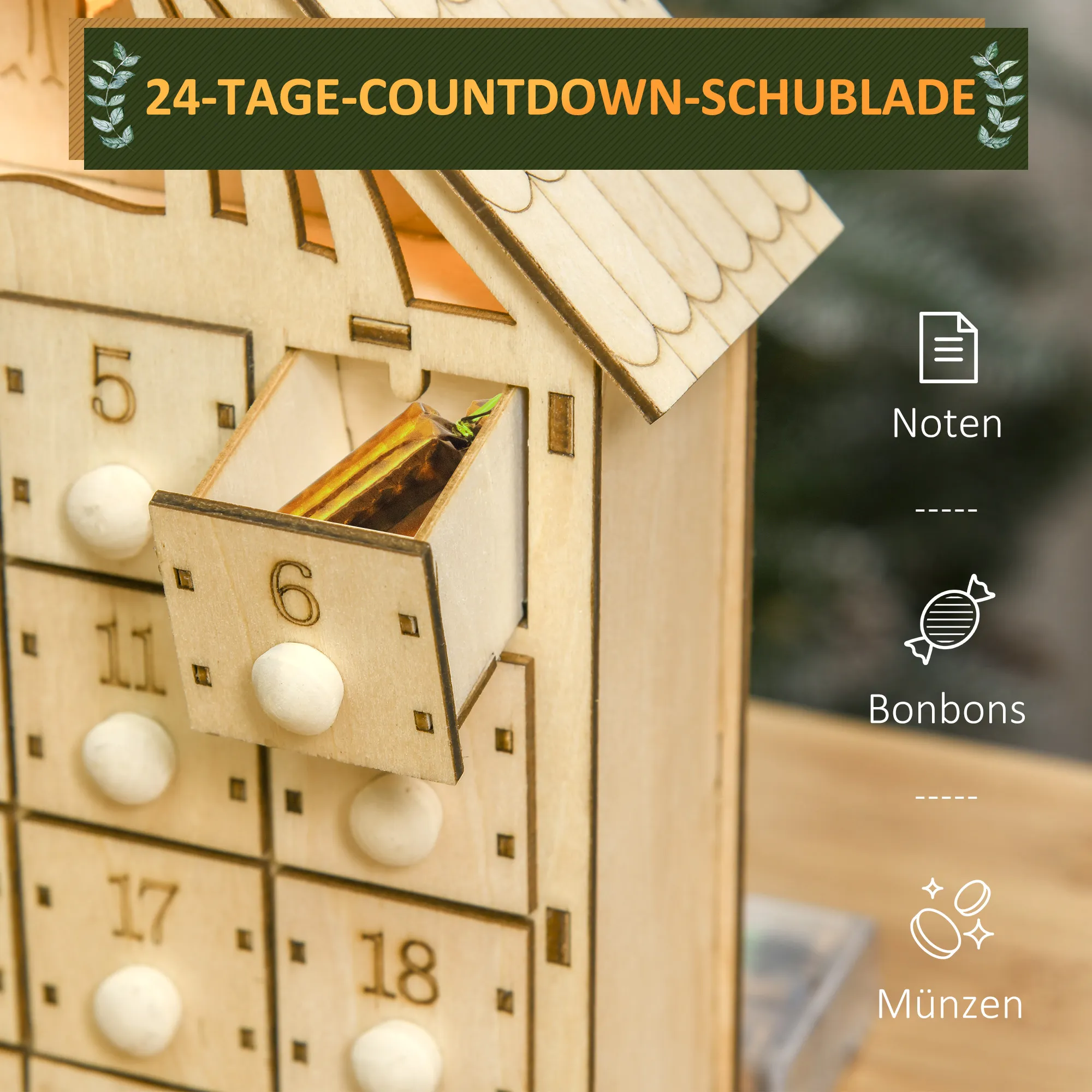Adventskalender aus Sperrholz mit LED-Beleuchtung, Natur, 30 cm