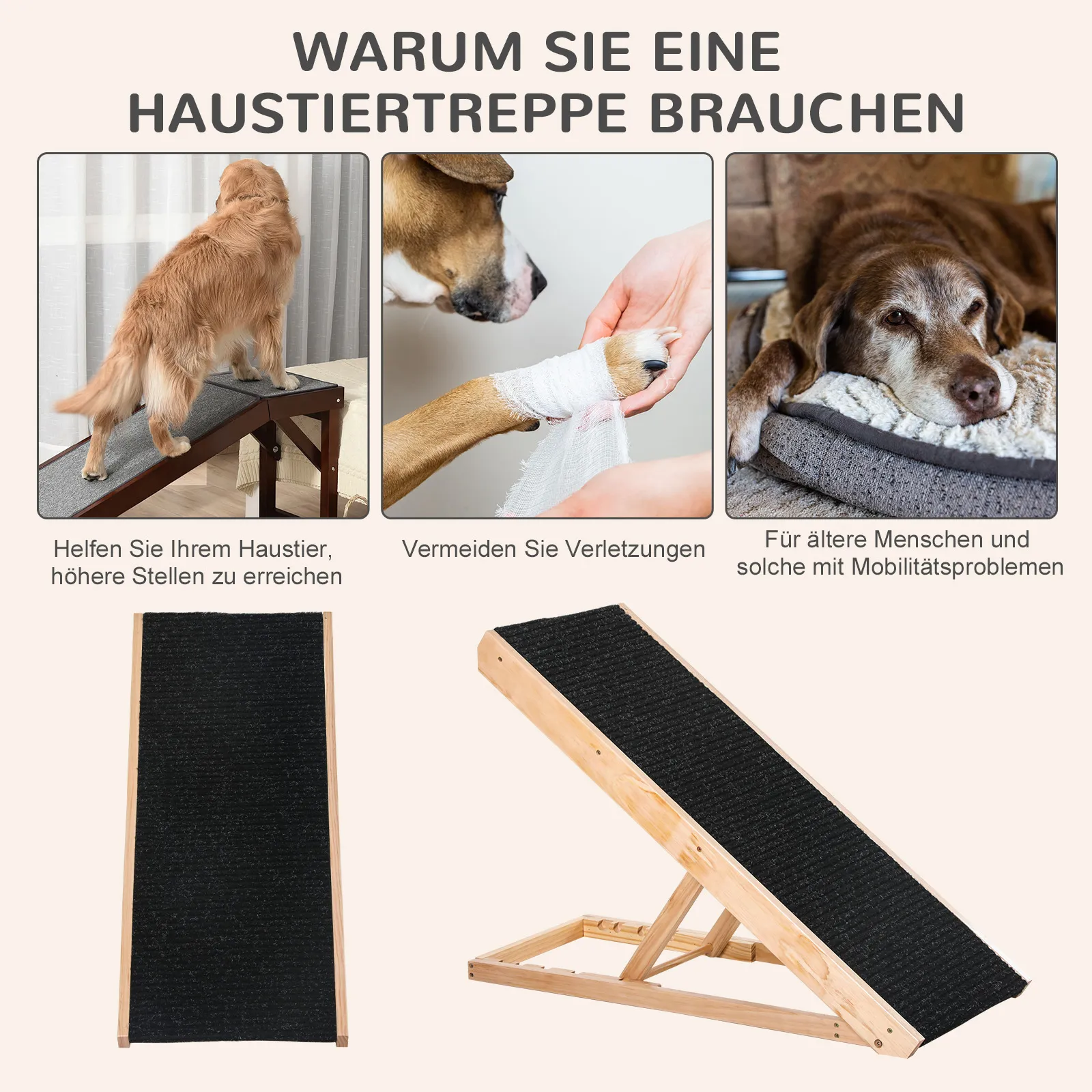 Haustierrampe aus Kiefernholz verstellbar, Schwarz+Naturholz 90cm
