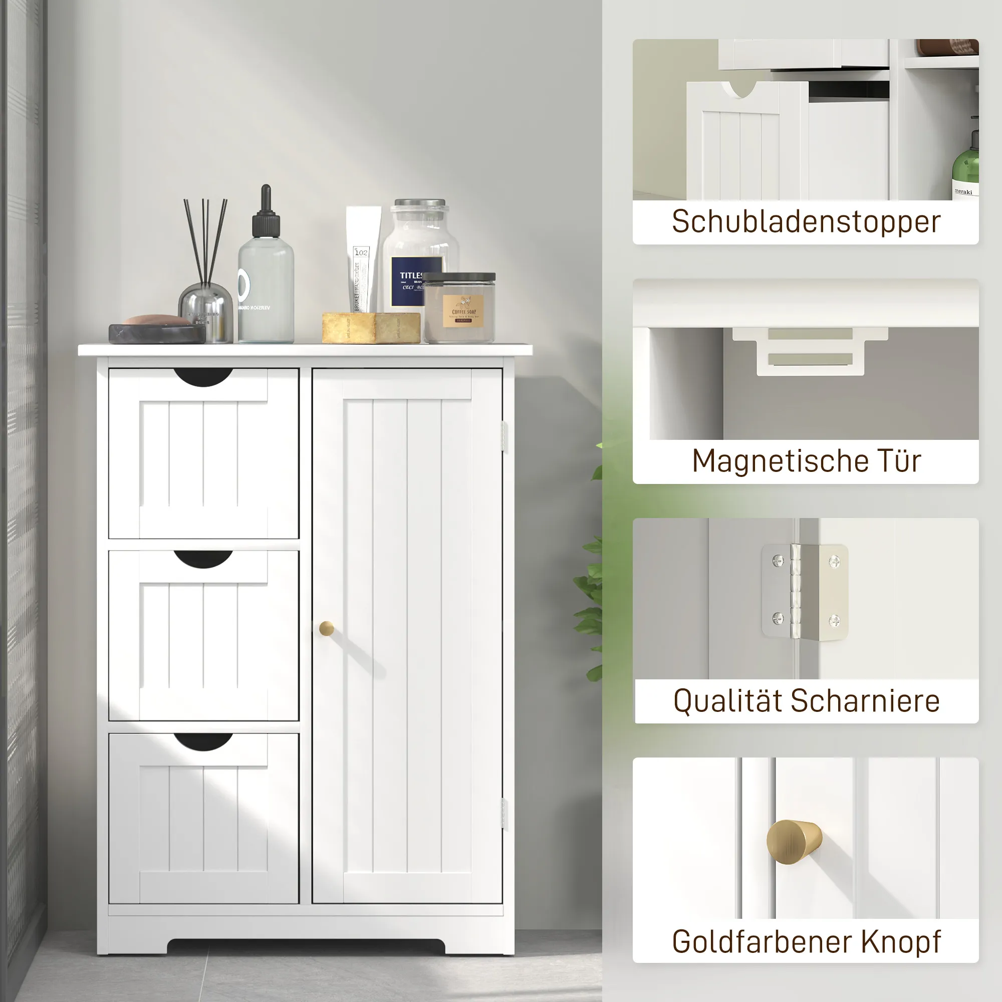 Badezimmerschrank, Badkommode, 3 Schubladen, Regal, MDF, Weiß