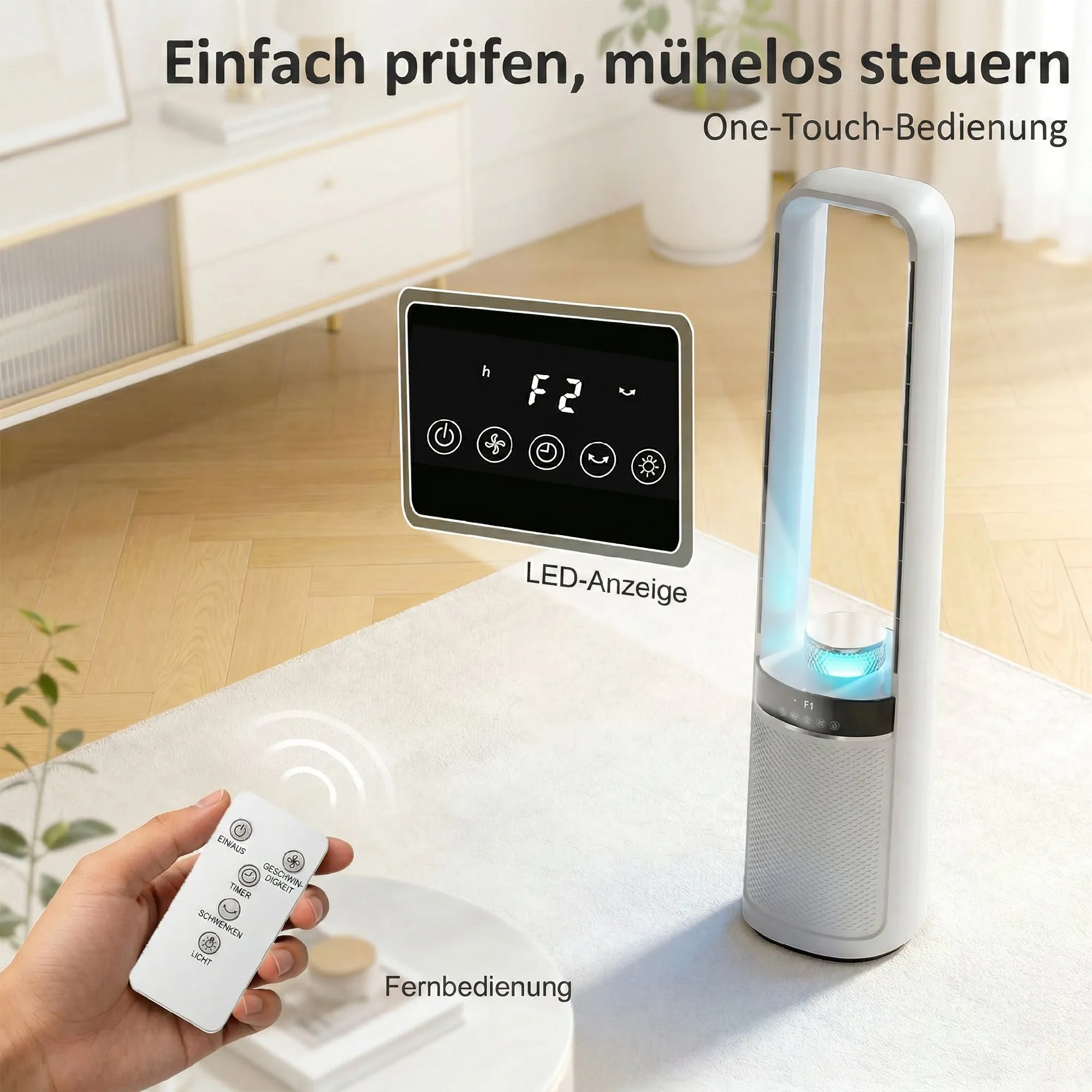 Turmventilator ohne Rotorblätter, mit 45° Oszillation, LED-Licht, 3 Geschwindigkeiten, 12-Std.-Timer, Fernbedienung
