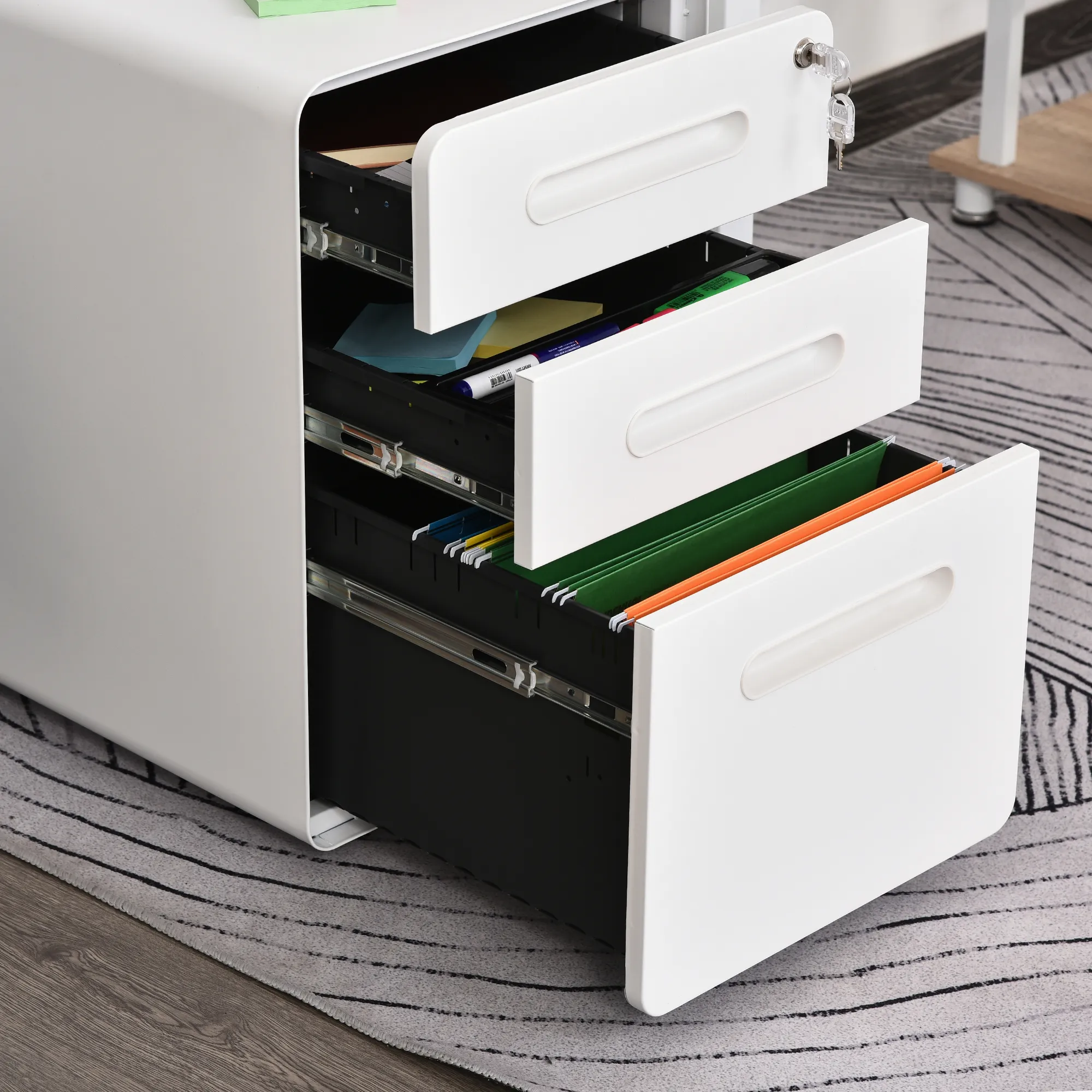 Rollcontainer mit 3 Schubladen mobiler Aktenschrank mit Rollen abschließbar Büroschrank mit Hängeregistratur Stiftfach, Bürocontainer Schreibtisch Unterschrank für Büro 39x48x59cm Weiß