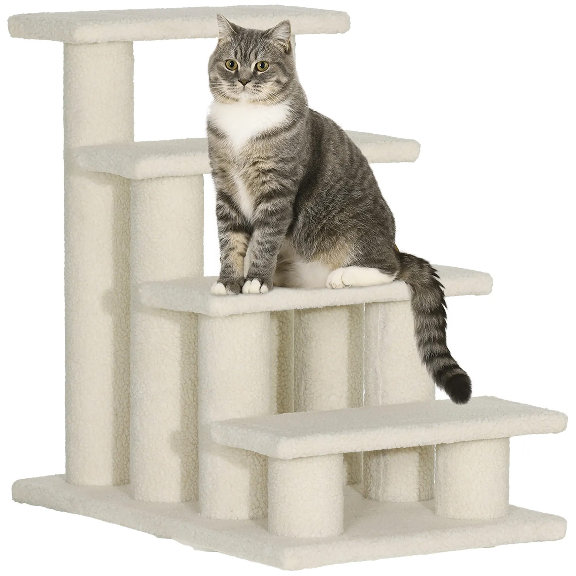 Katzentreppe 4 Stufen Tiertreppe Treppe für Katze Haustiertreppe Hundetreppe aus Plüsch 61 x 41 x 60 cm Cremeweiß