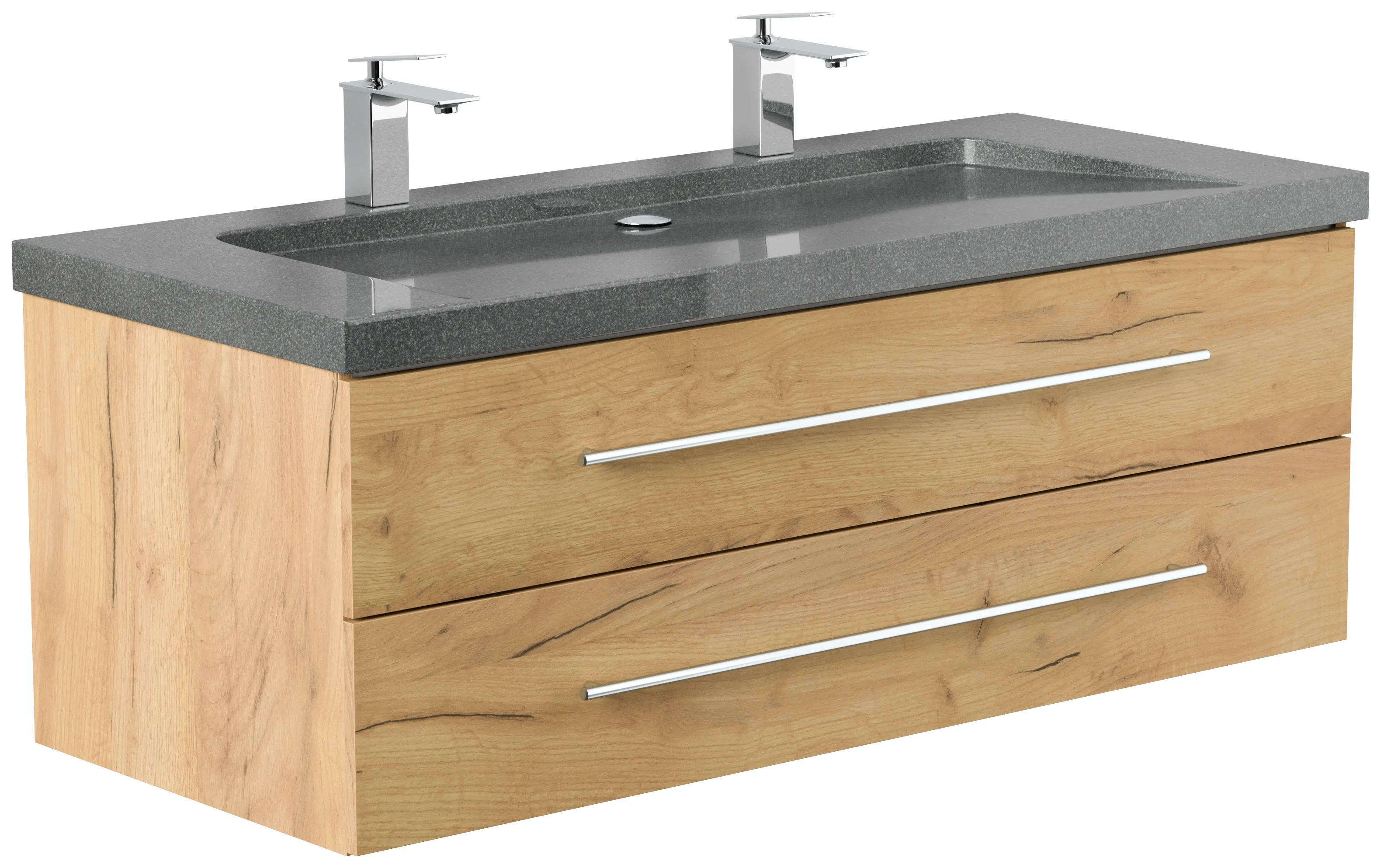 Badmöbel Granit G654 YAMO 130 cm 2 Hahnlöcher SoftClose eiche gold