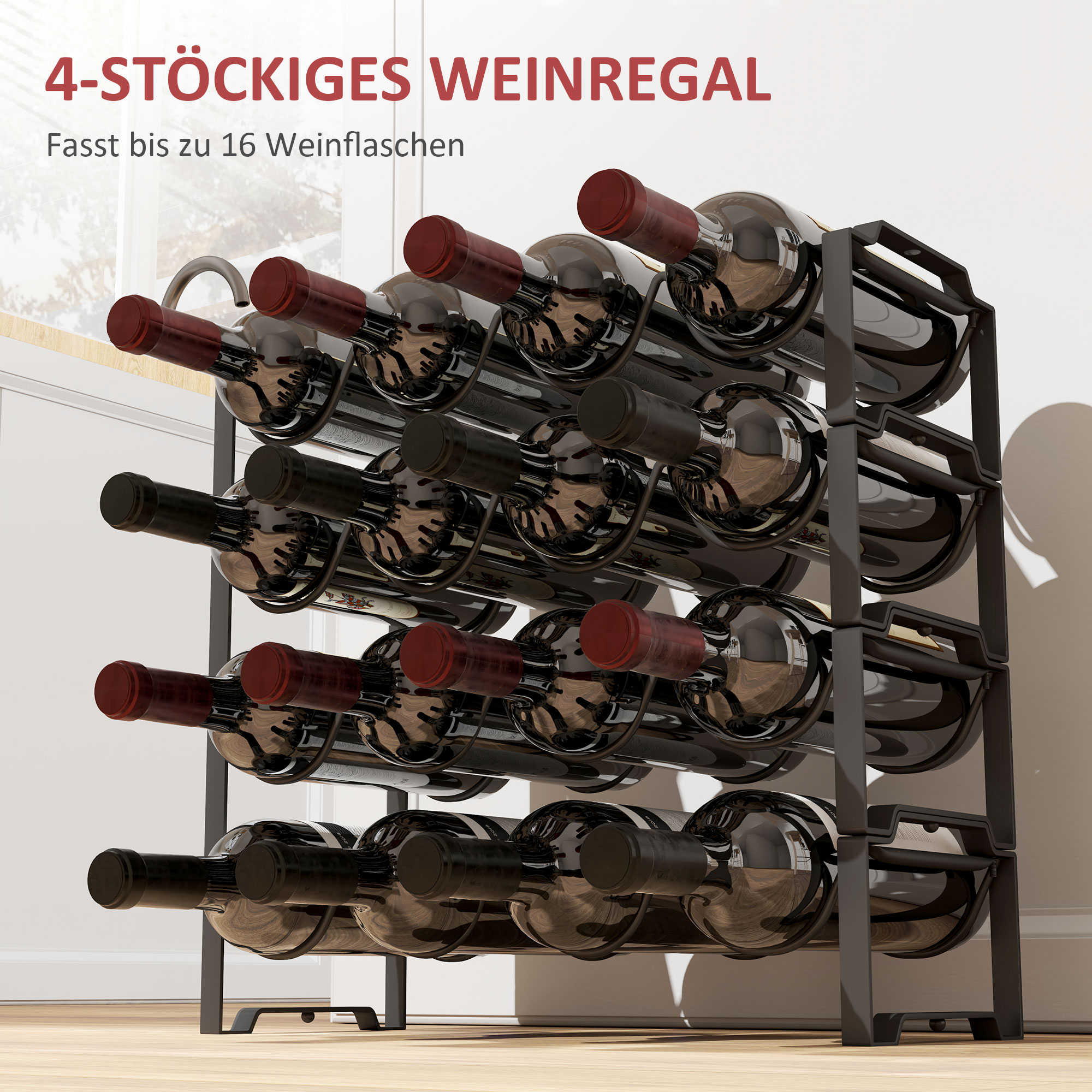 Weinregal Schwarz 42,5B x 16,5T x 41H cm für 16 Flaschen
