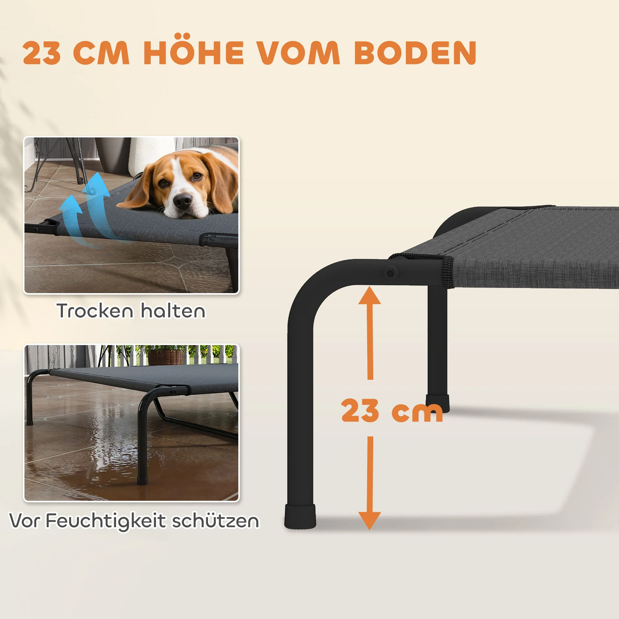 Hundebett Outdoor erhöht für große Hunde, Stahl, 152x94x23 cm, Grau