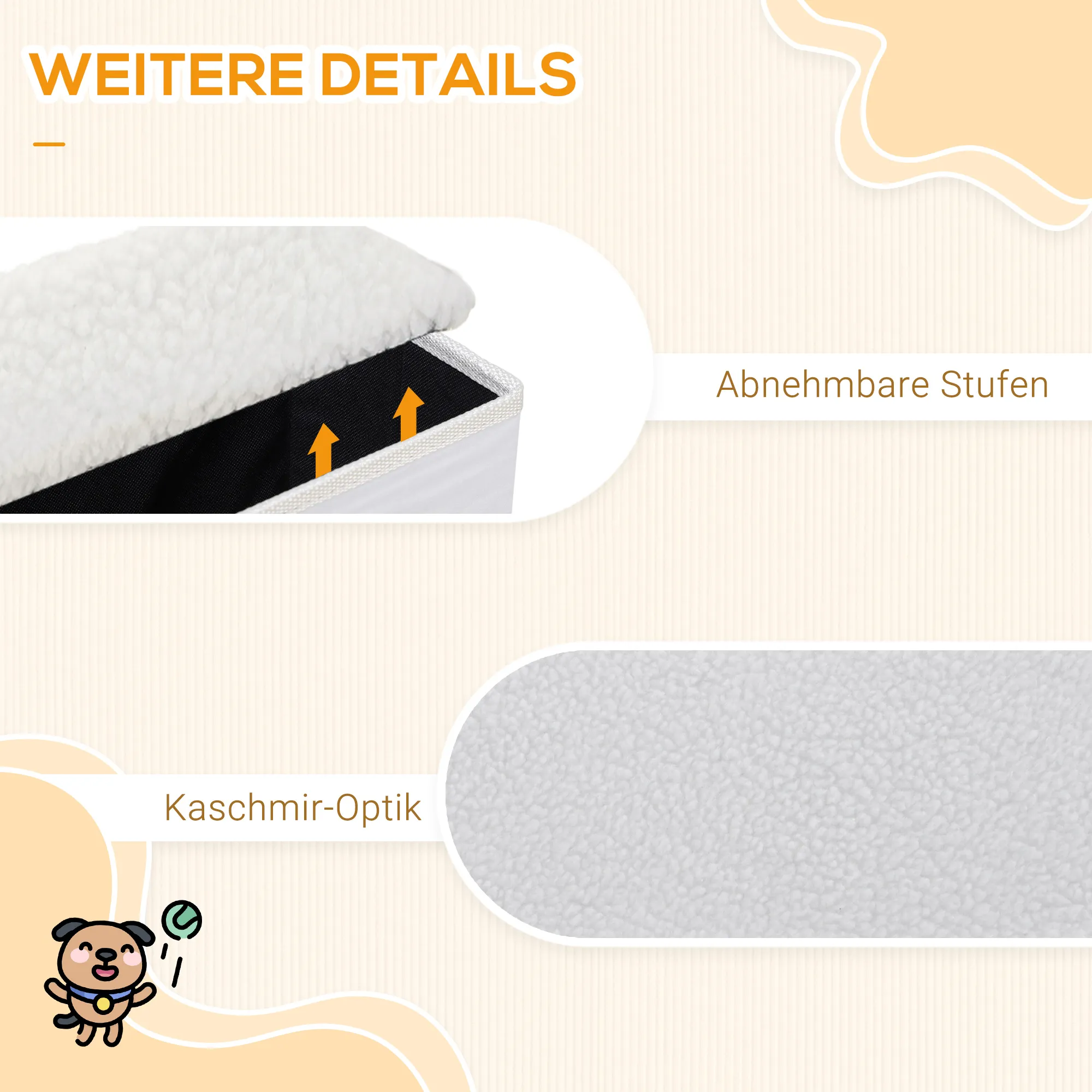 Hundetreppe 3 Stufen klappbar mit Stauraum, Weiß, 48 cm hoch