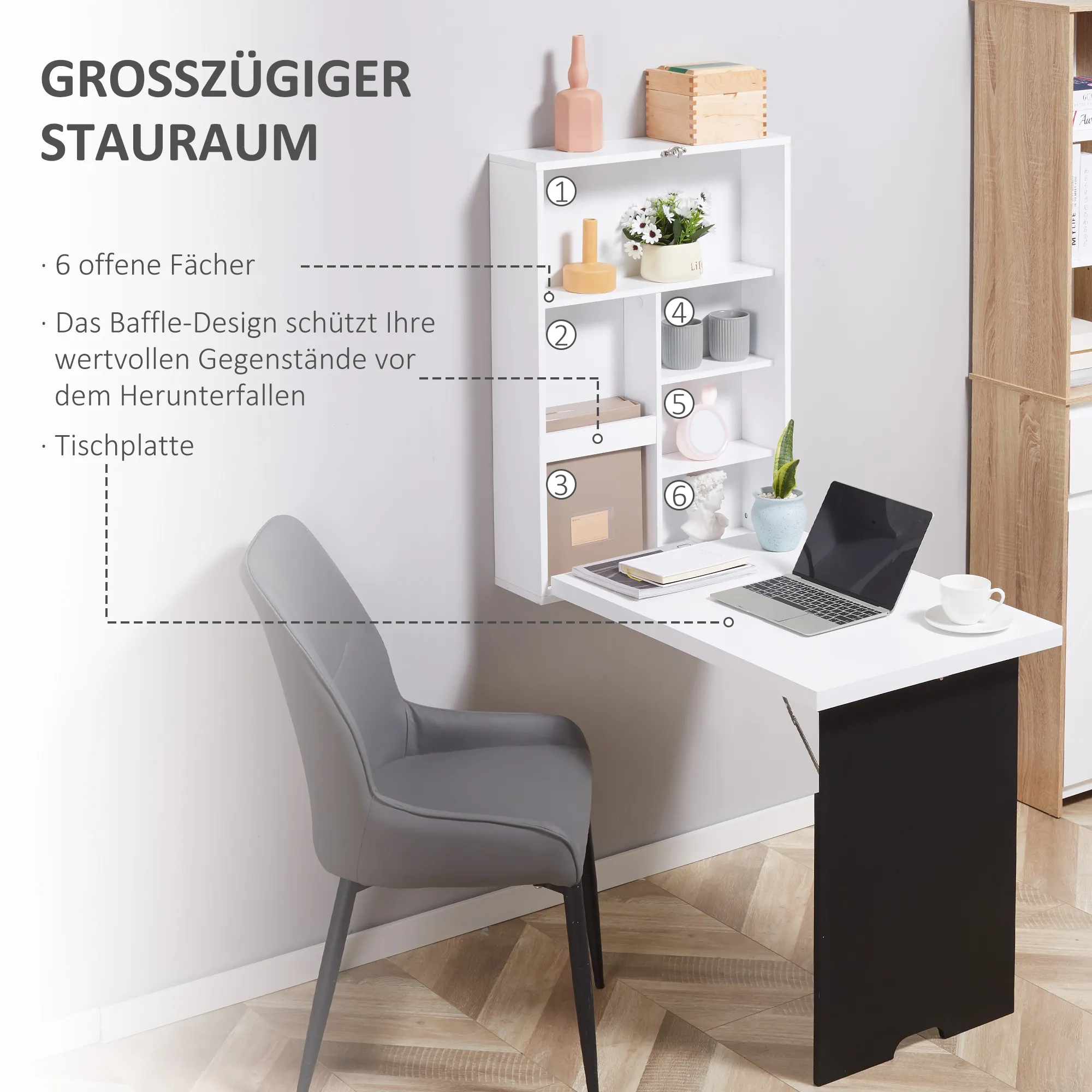 Platzsparendes Wandregal mit Klapptisch 60L x 94,5B x 147H cm Schwarz+Weiß