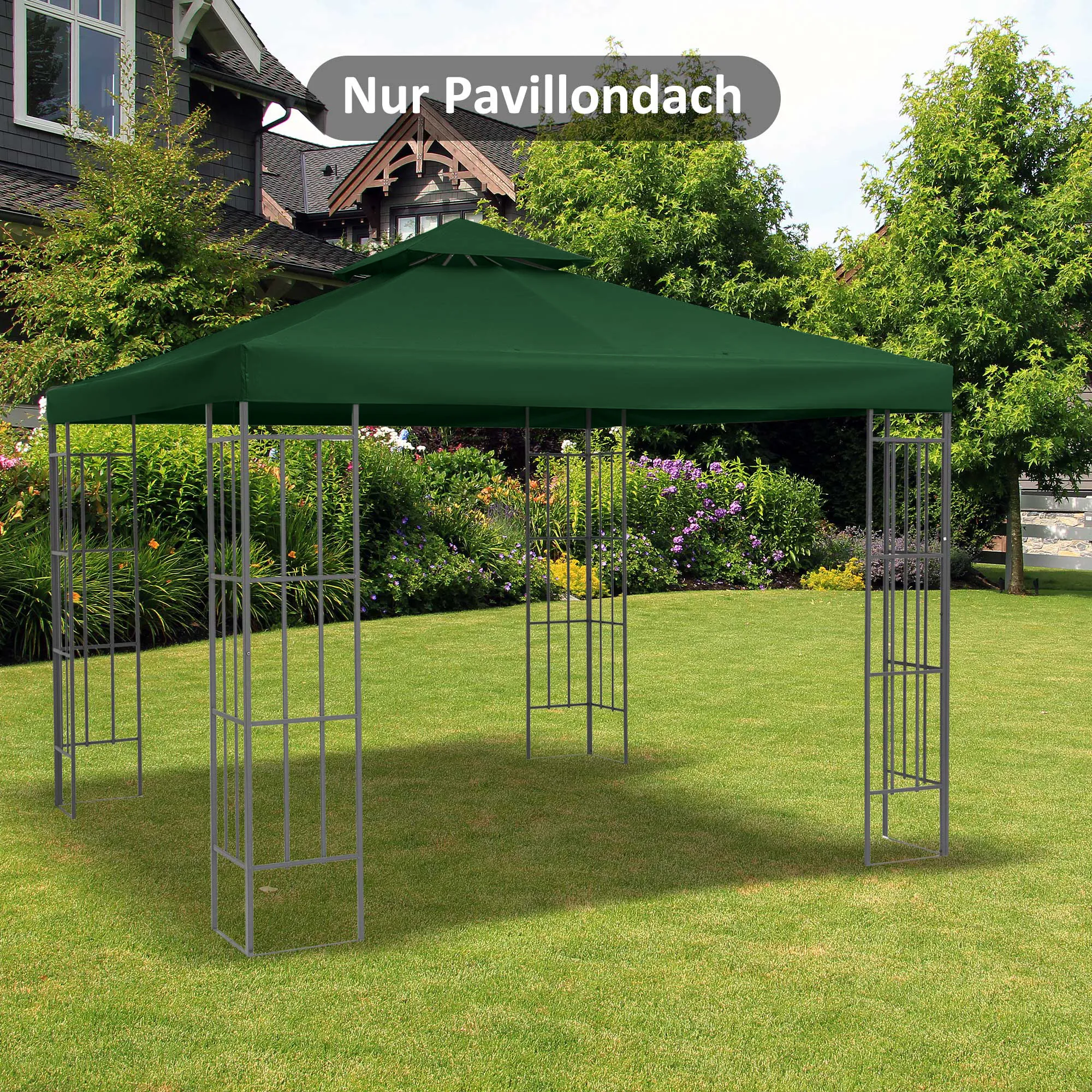 Ersatzdach für Pavillon 3 x 3 m wasserdicht Pavillondach mit Doppeldach Ablauflöcher, Ersatzbezug Ersatzteile für Gartenpavillon Gartenzelt Dunkelgrün