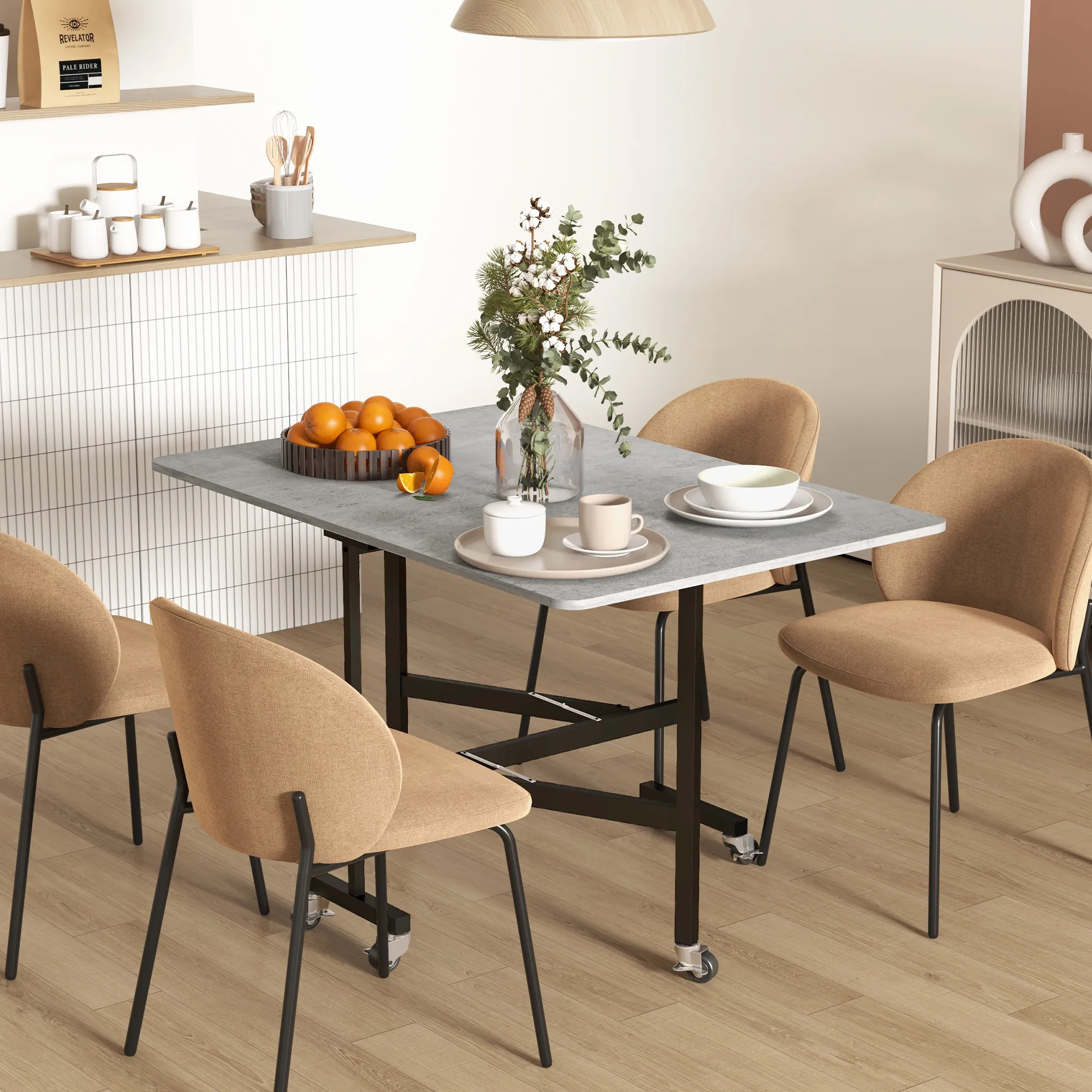 Esstisch für 4-6 Personen, Klapptisch mit Rollen, Stahlgestell, 52,5-120 x 80 x 73 cm, Grau