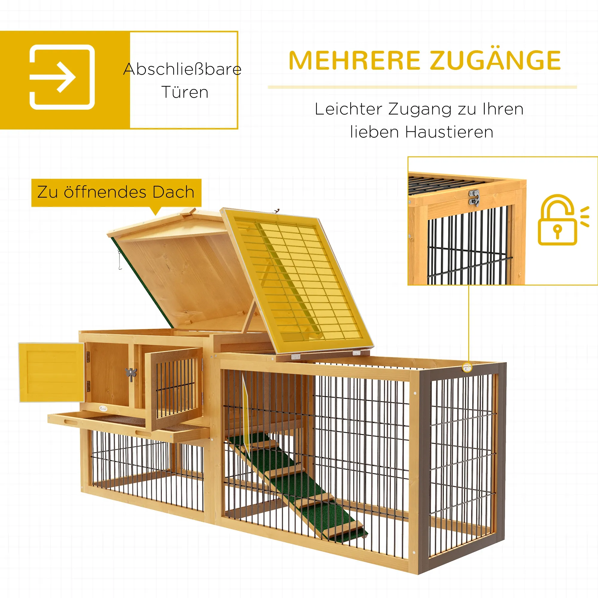 Hasenstall 2 Ebenen Kaninchenstall Tannenholz Winterfest Doppelstockhaus mit Freilaufgehege Rampe 150x52x68 cm Gelb