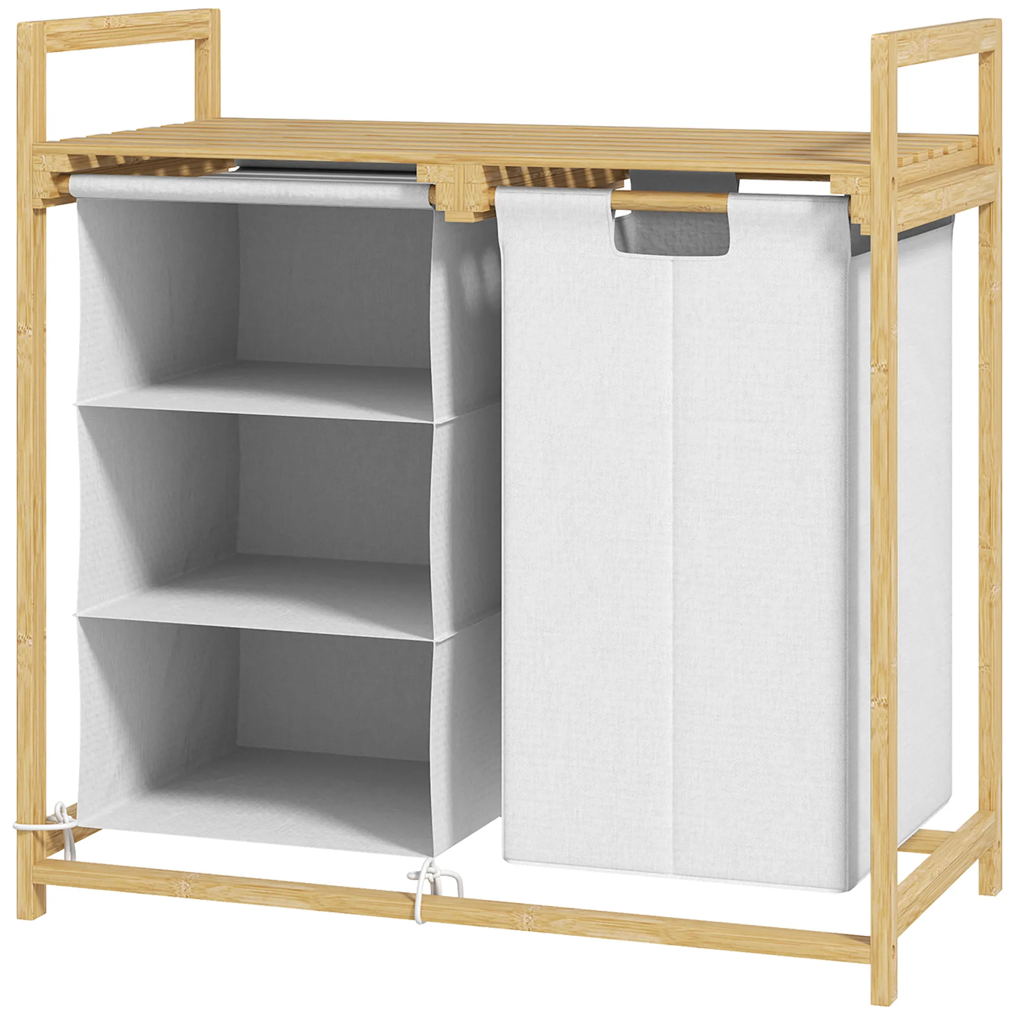 Wäschekorb mit Wäschesack, Stoffschublade, Bambus, 70x36x70 cm, Weiß/Holz