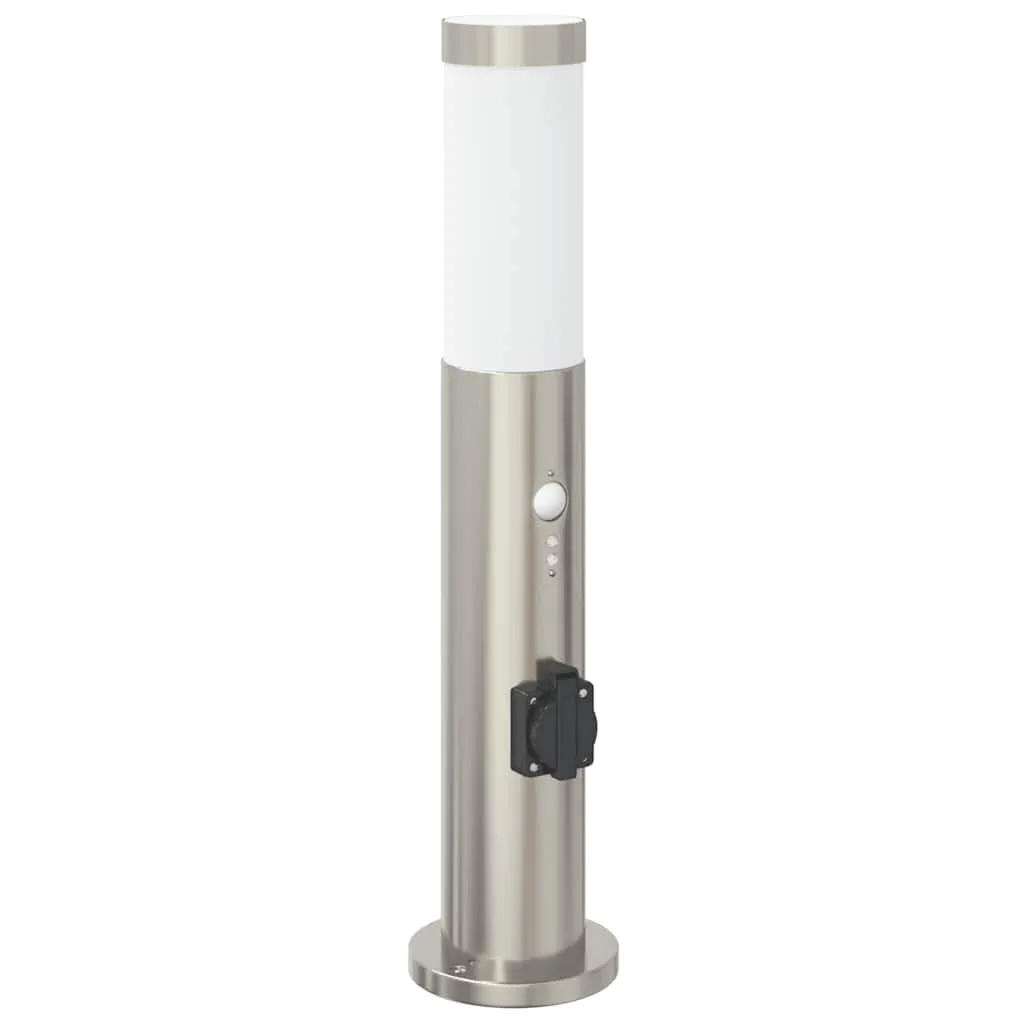 Silberne Edelstahl Pollerleuchte 11x50 cm mit Bewegungssensor und Steckdose