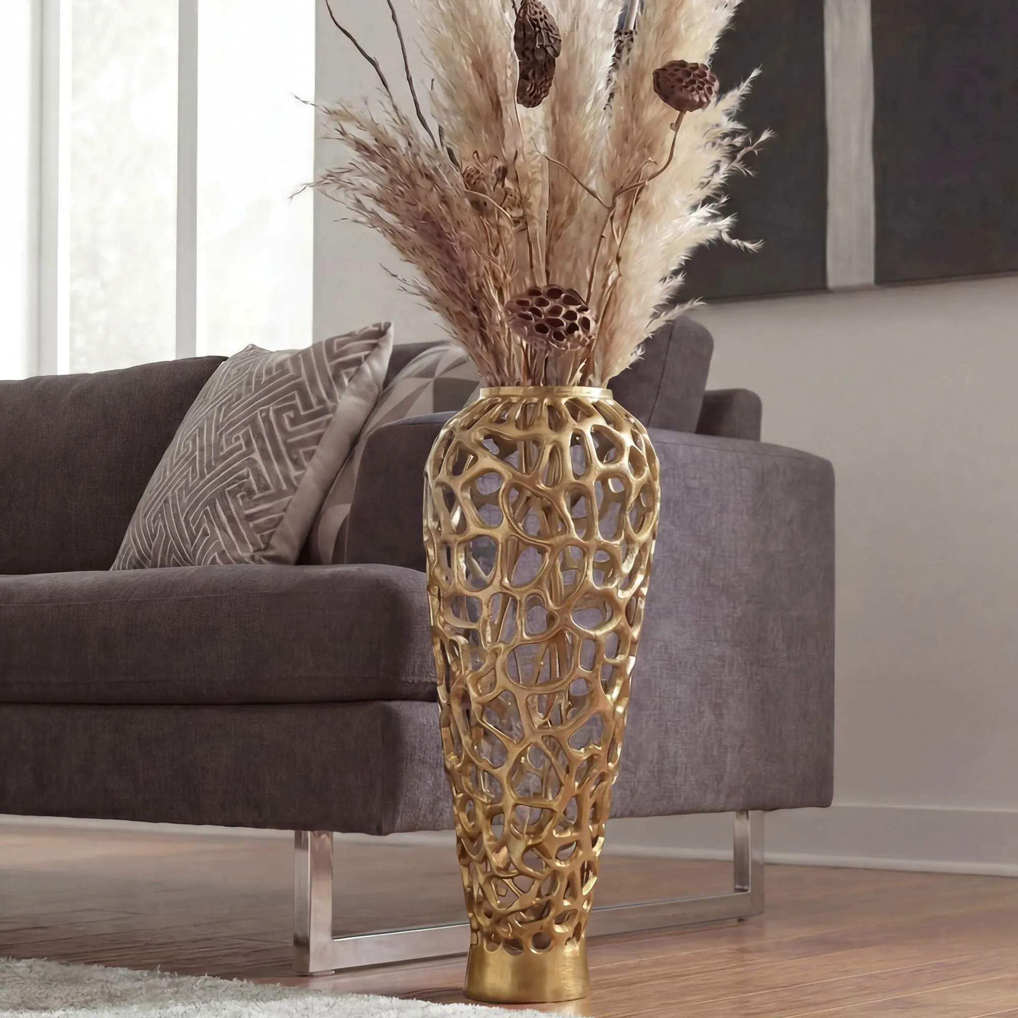 Bodenvase Aluminium 85cm Gold - Design Blumenvase Groß - Metallvase Modern - Dekovase rund für Trockenblumen - XXL Standvase Hoch - Wohnzimmer Deko - Wohndeko Handmade