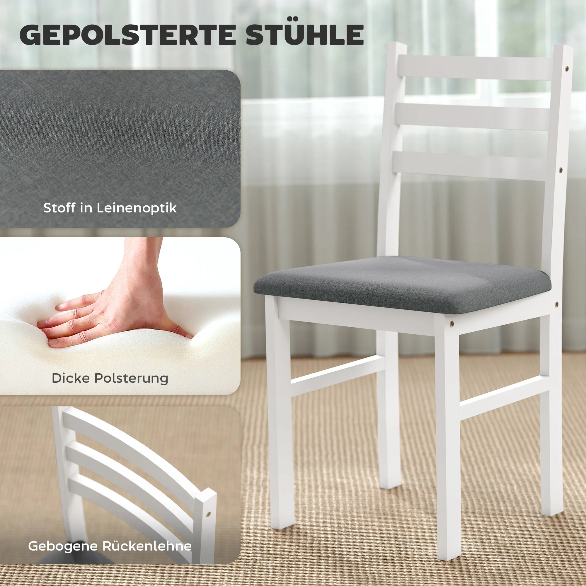 3-teiliges Esstisch-Set mit 2 Stühlen, Küchentisch für kompakte Räume, gepolsterte Stühle, platzsparend, MDF, Weiß