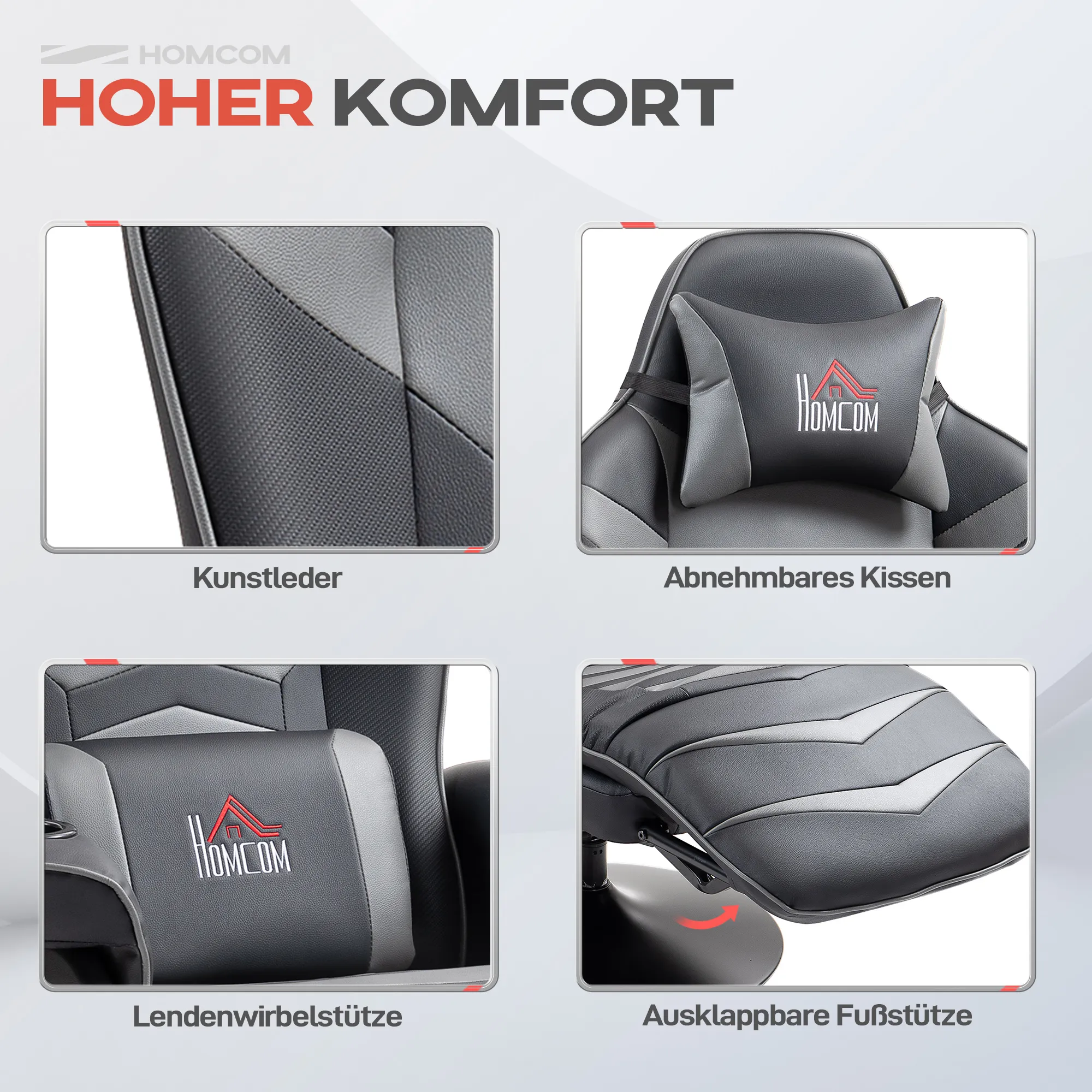 Gamingsessel, Massagefunktion, neigbare Lehne, Fußstütze, bis 120 kg, Stahlrahmen, Kunstleder, Grau