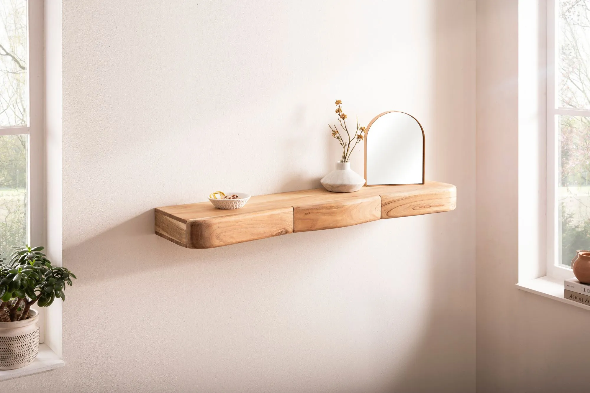 Wandregal Akazie Massivholz 100cm mit drei Schubladen - Design Regal für die Wand - Holz Wandboard mit Stauraum - Schwebendes Hängeregal aus Echtholz