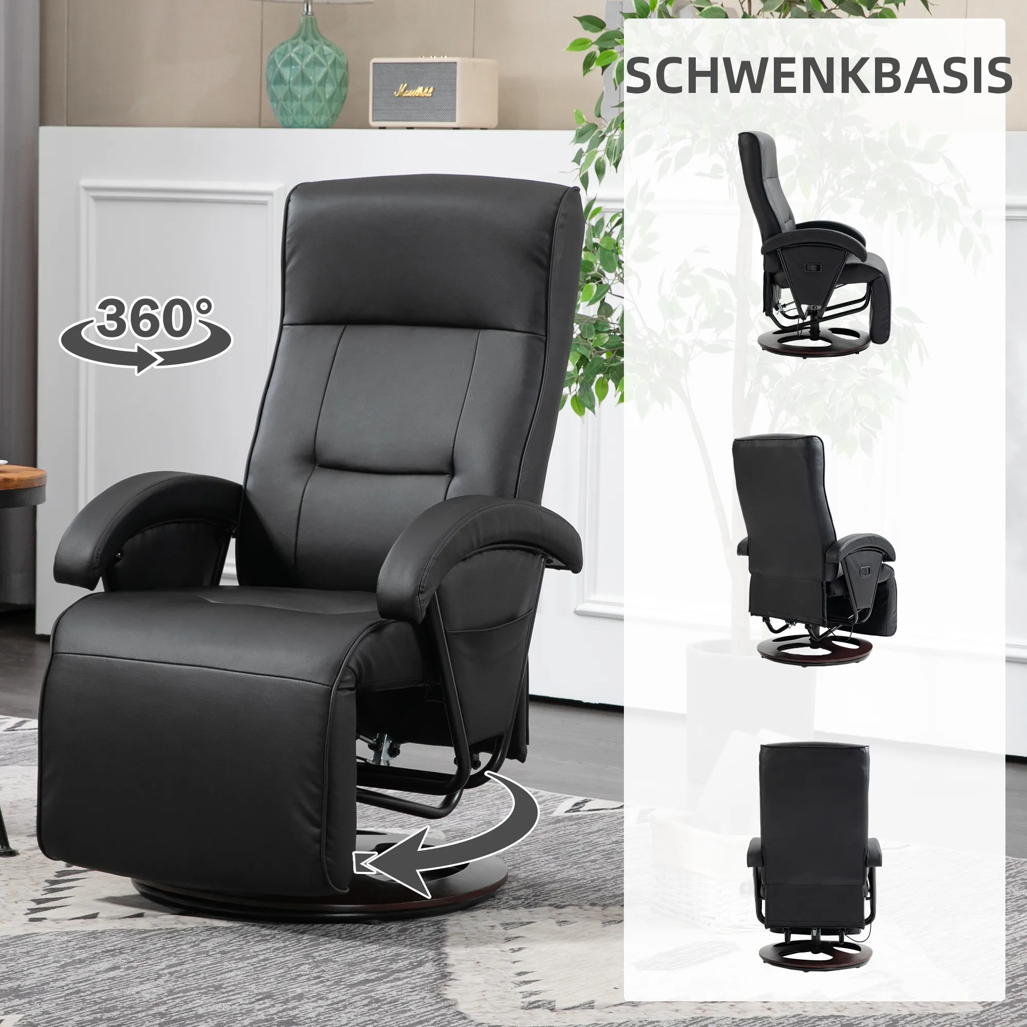 Drehbarer Polsterstuhl, Kunstleder, Fußstütze, Holzbasis, neigbar, Schwarz