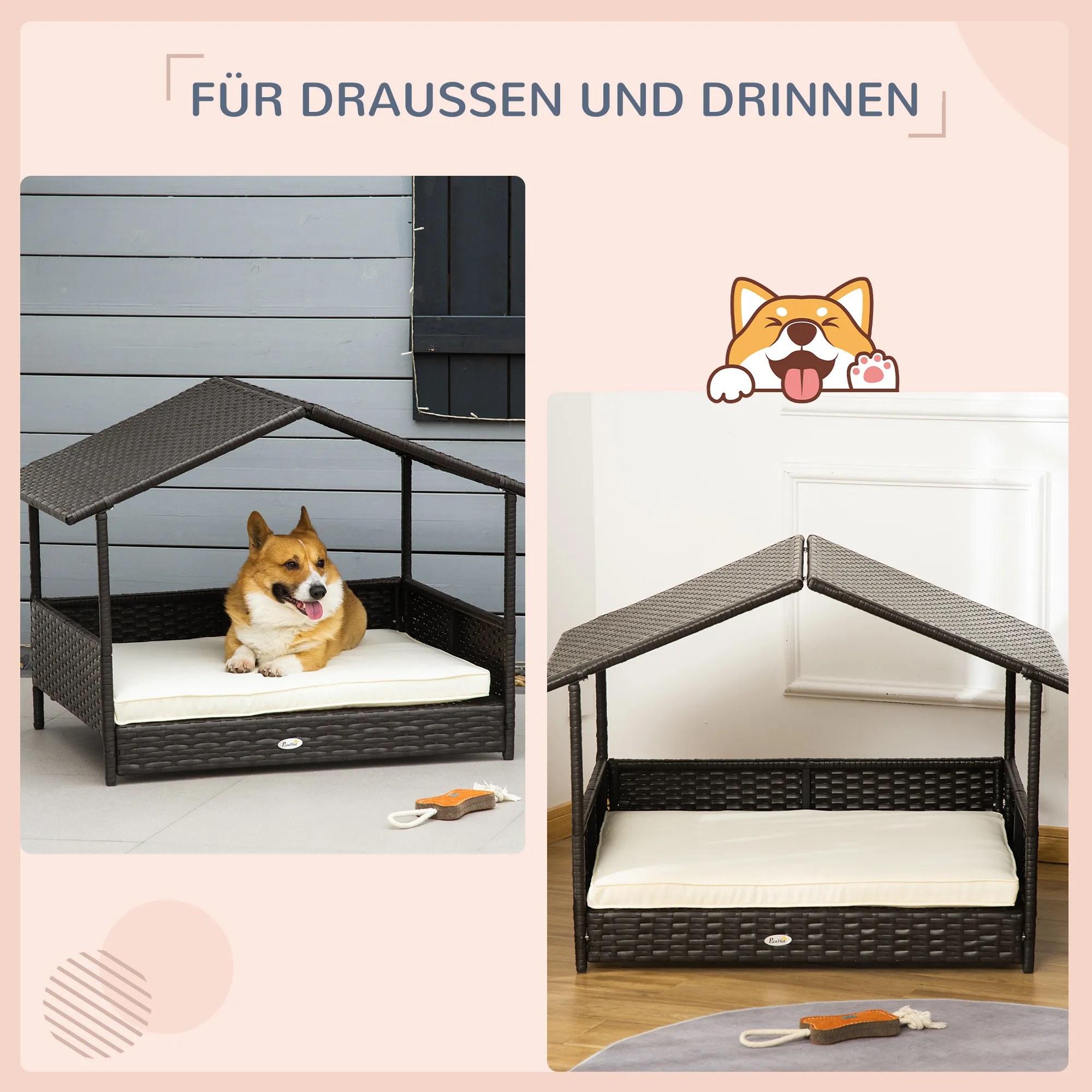 Hundeliege Outdoor mit Dach aus PE Rattan, 69 x 98 x 70 cm, Braun