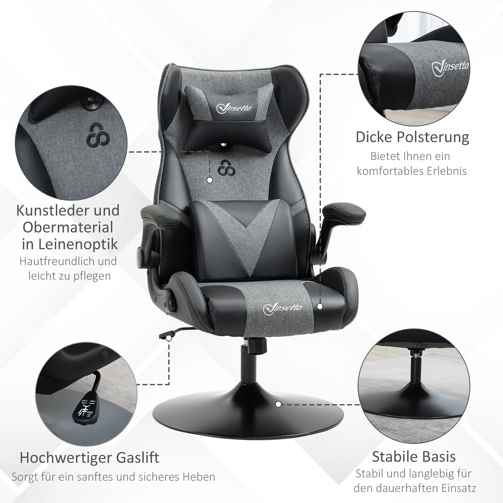Gaming-Stuhl, höhenverstellbar & drehbar, Kunstleder-Bezug, klappbare Armlehnen, Schwarz+Grau