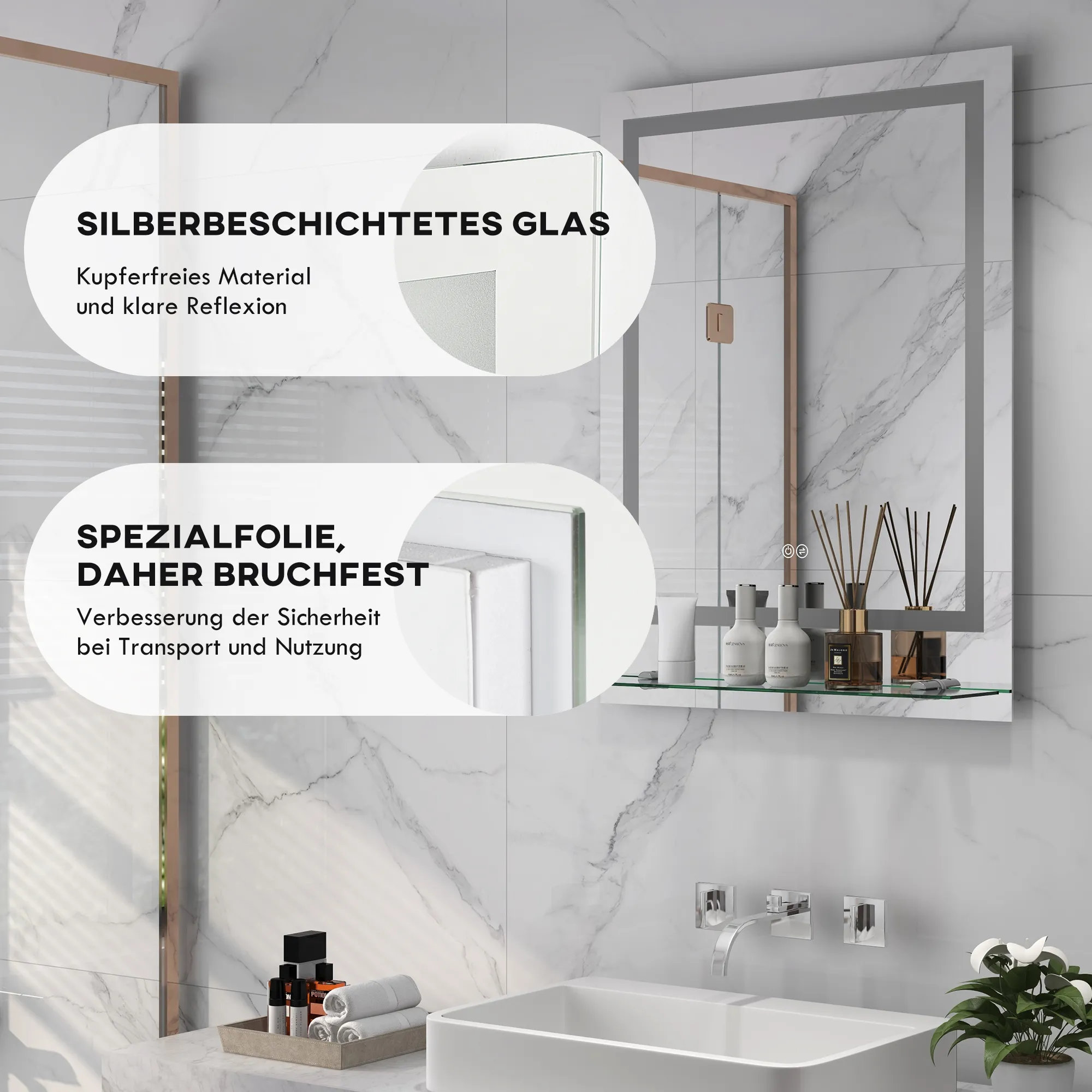 Badezimmerspiegel mit LED-Beleuchtung, 3 Lichtfarben, Antibeschlag-Funktion, verkabelt, 70 x 50 cm