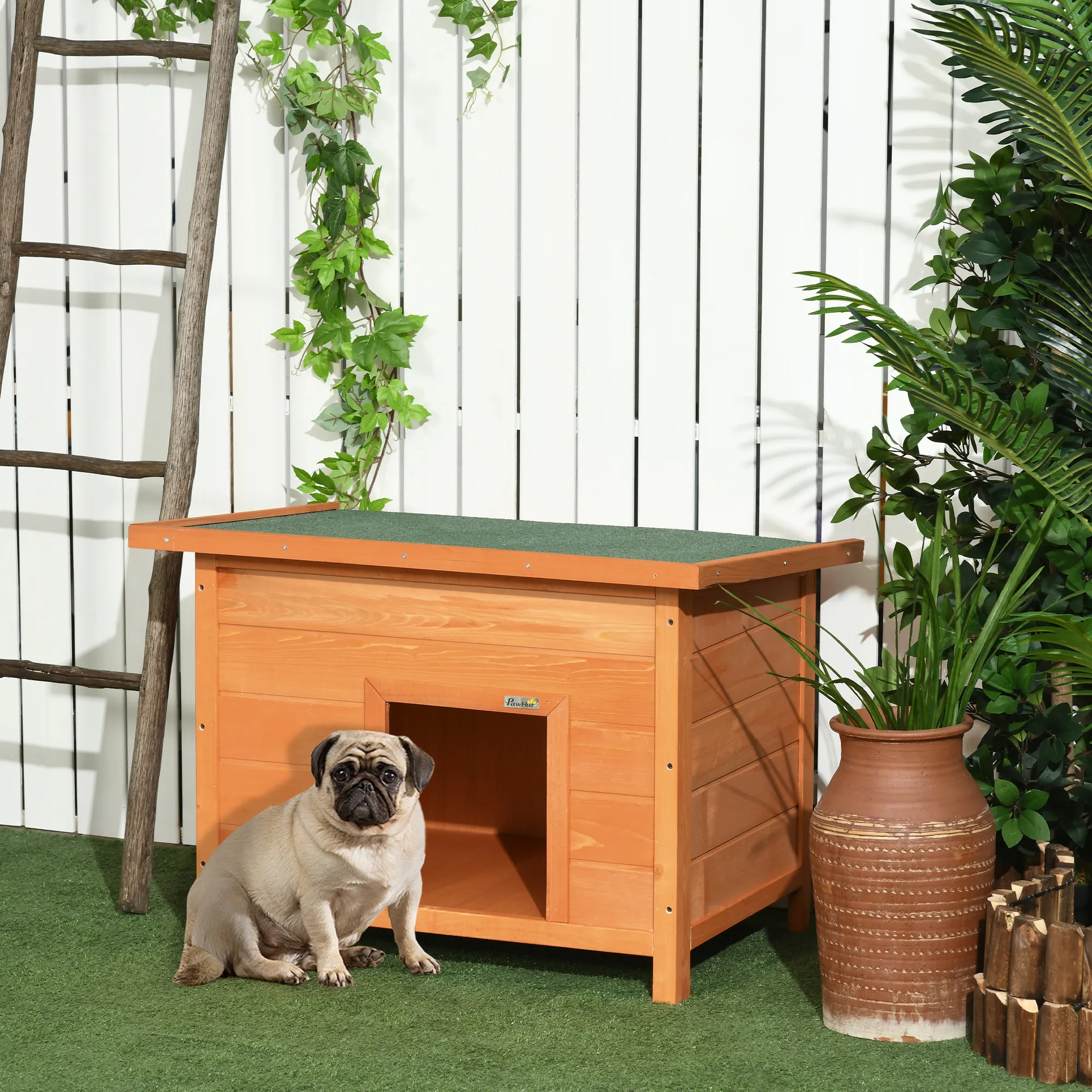 Hundehütte aus lasiertem Tannenholz, L82 x B58 x H58 cm, Natur+Grün