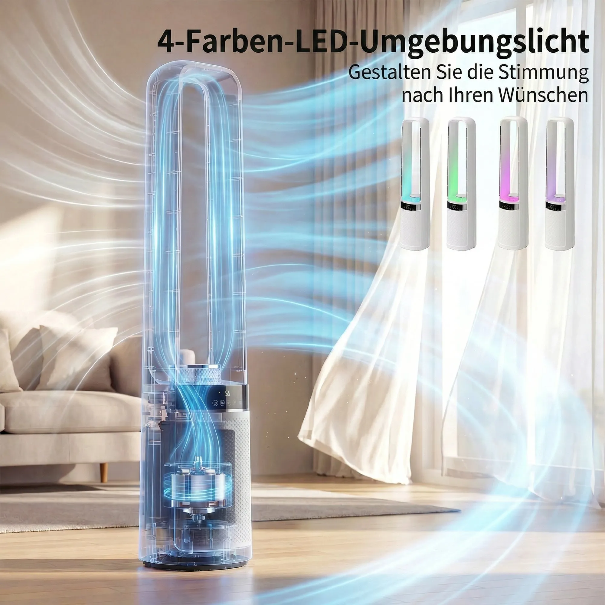 Turmventilator ohne Rotorblätter, mit 45° Oszillation, LED-Licht, 3 Geschwindigkeiten, 12-Std.-Timer, Fernbedienung
