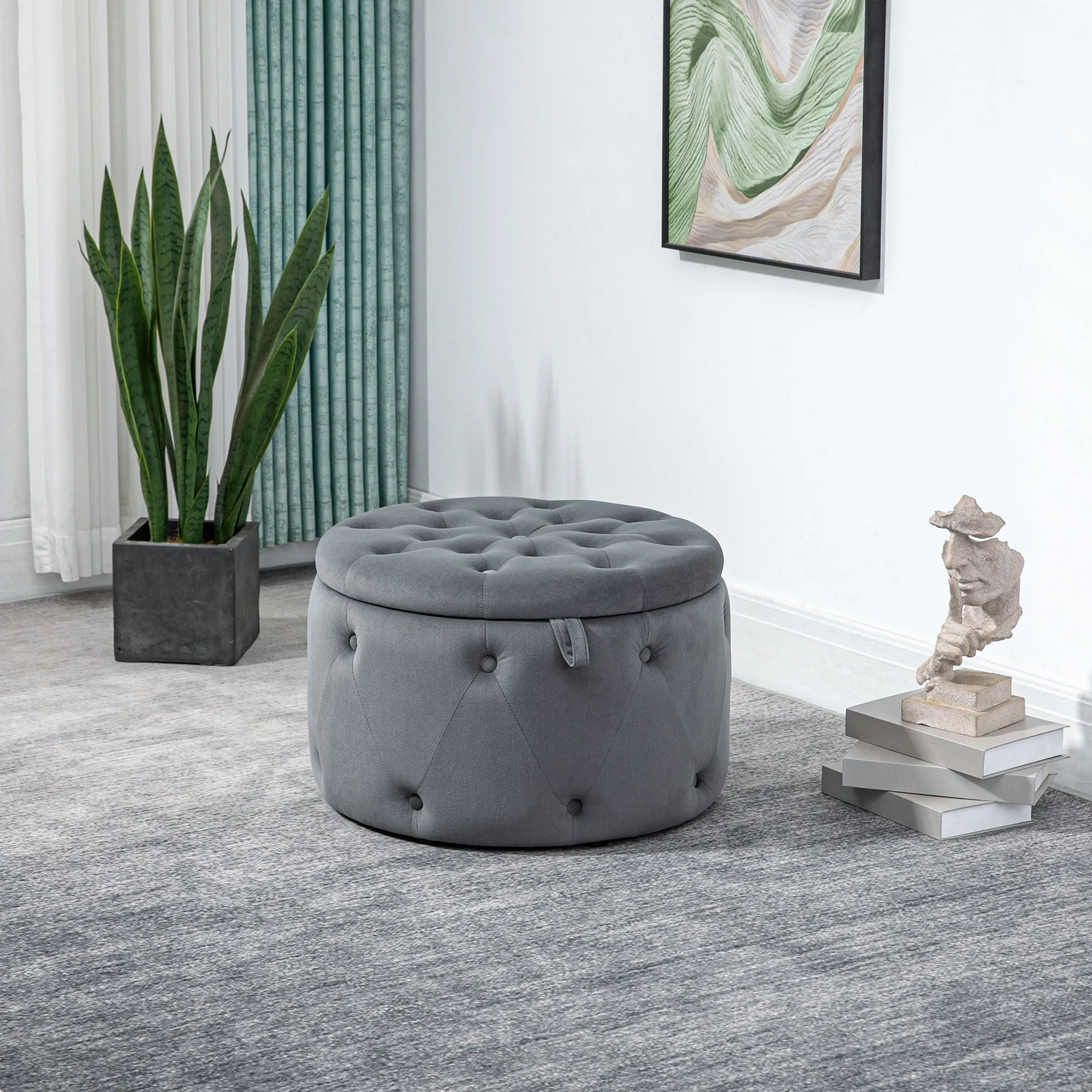 Hocker, rund, mit Staufach, Steppdesign mit Knöpfen, Bezug in Samtoptik, grau, 60 x 60 x 40cm