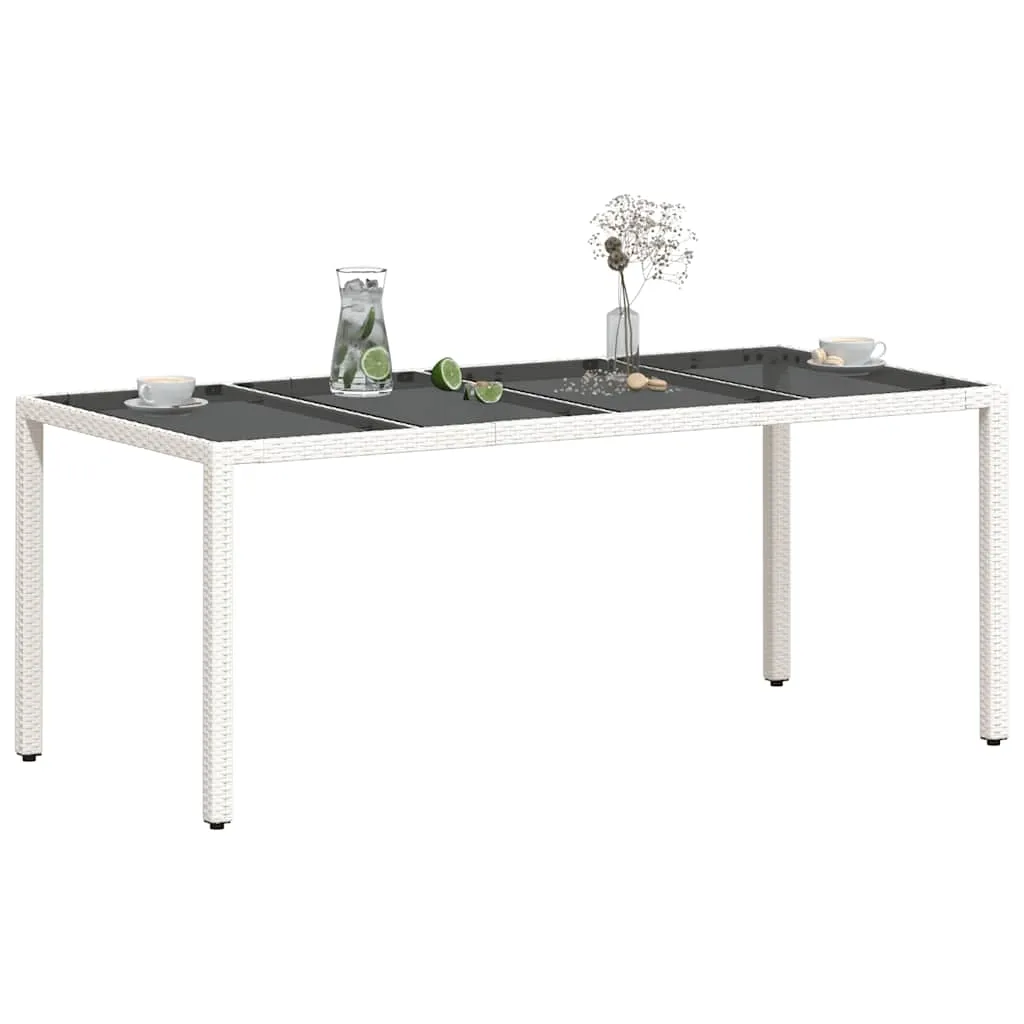 Gartentisch 190 x 90 x 75 cm Weiß aus PE-Rattan mit Glasplatte