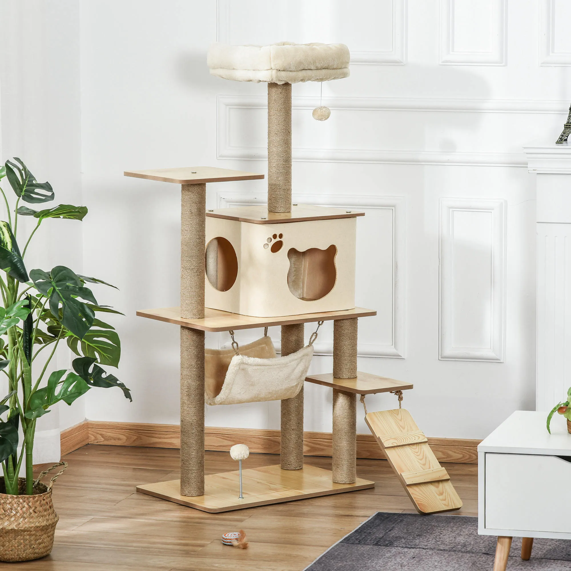 Kratzbaum für Katzen mit Höhle und Plattform, 130 cm, Gelb