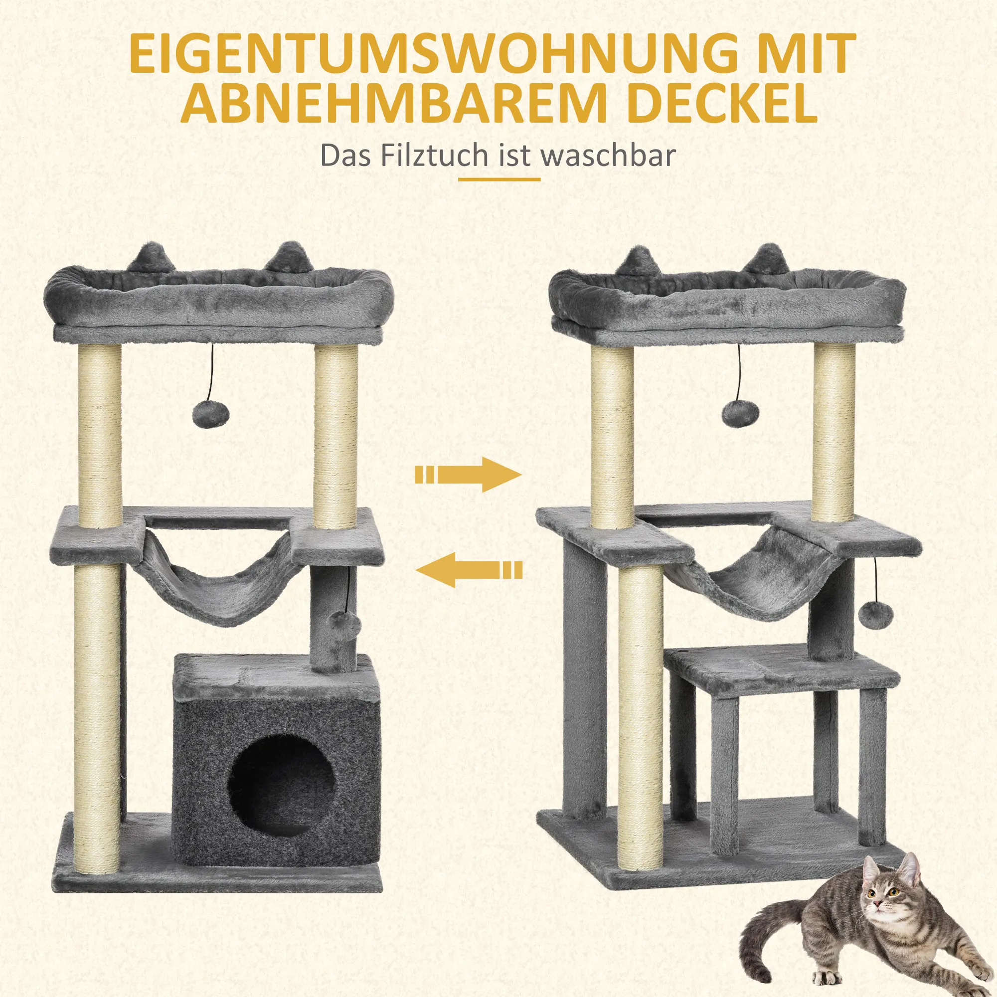 Kratzbaum für Katzen mit Hängematte und Höhle, Plüsch, Grau, 90cm