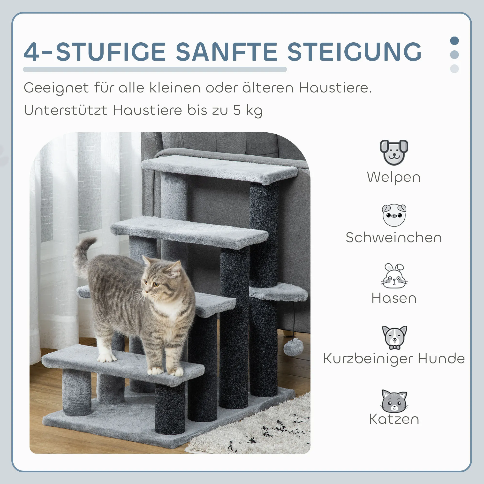 Katzentreppe 4-stufig mit Kratzsäule und Ball, Plüsch, Grau