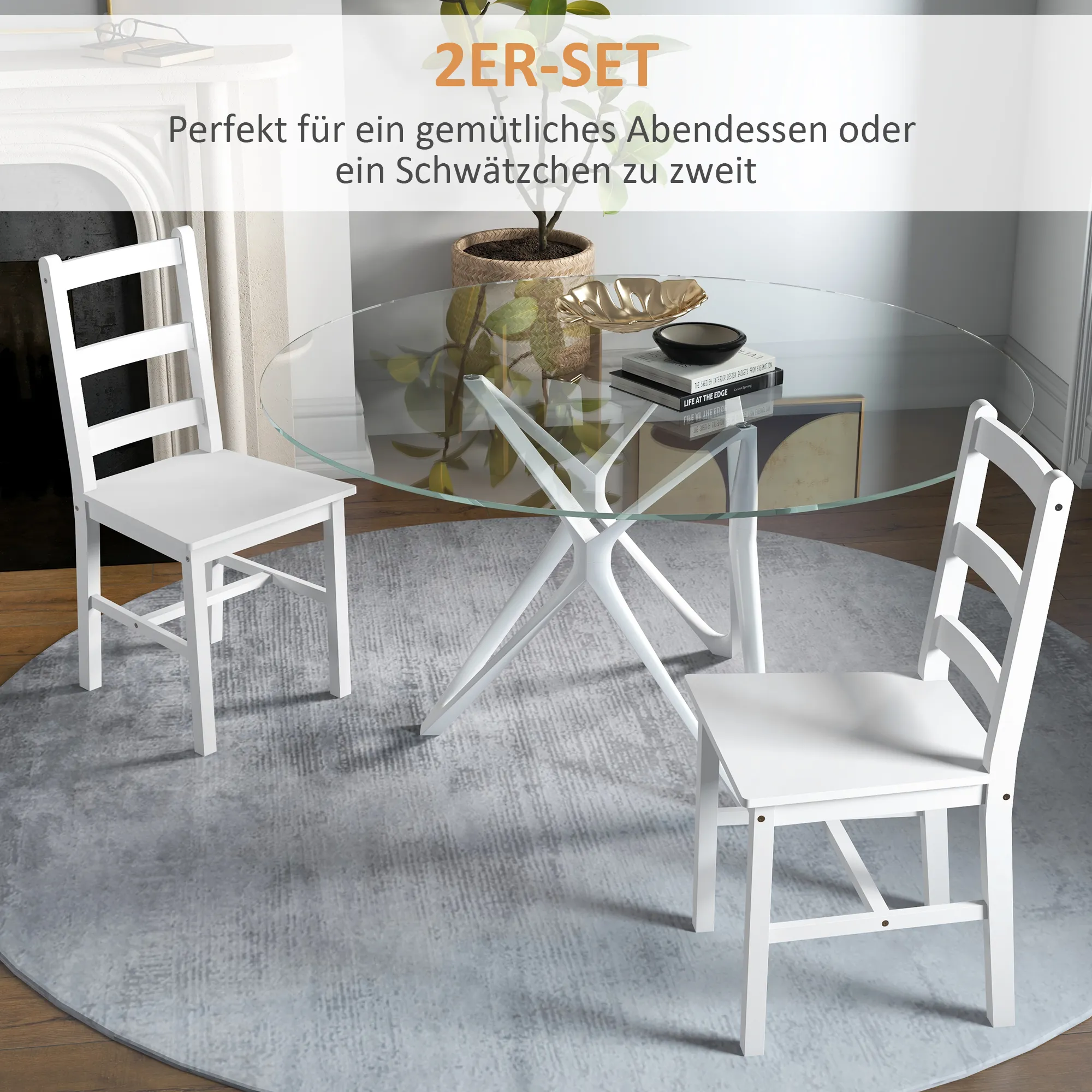 Esszimmerstühle 2er Set Holz Küchenstuhl mit Leistenrücklehne, Rutschfest 41,5 x 46 x 90 cm Weiß