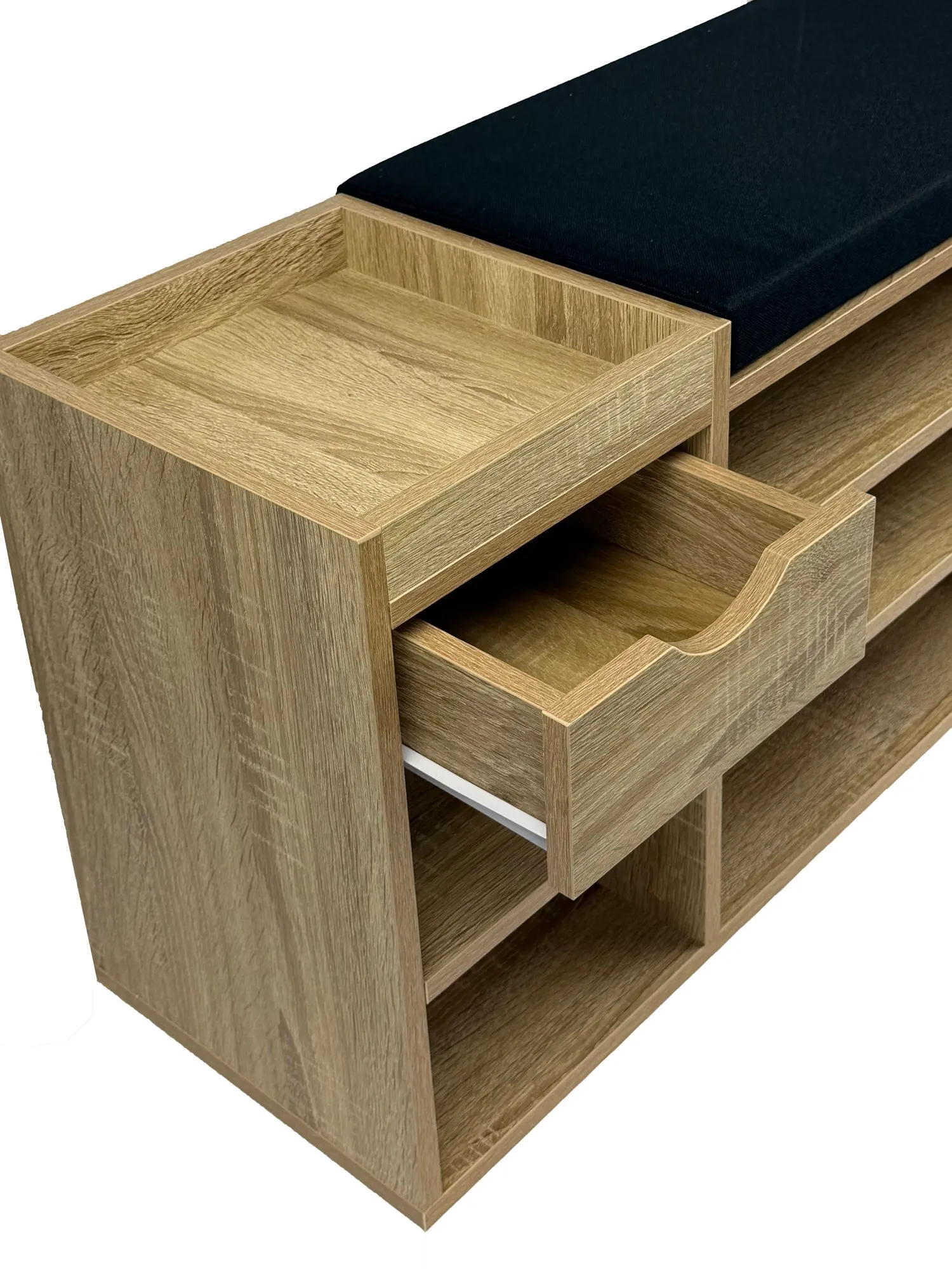 Schuhbank Flur Sonoma Eiche 100cm mit Sitzkissen – Sitzbank mit Schublade und verstellbaren Regalböden – Flurmöbel Schuhregal modern für den Eingangsbereich – Flurbank mit Stauraum