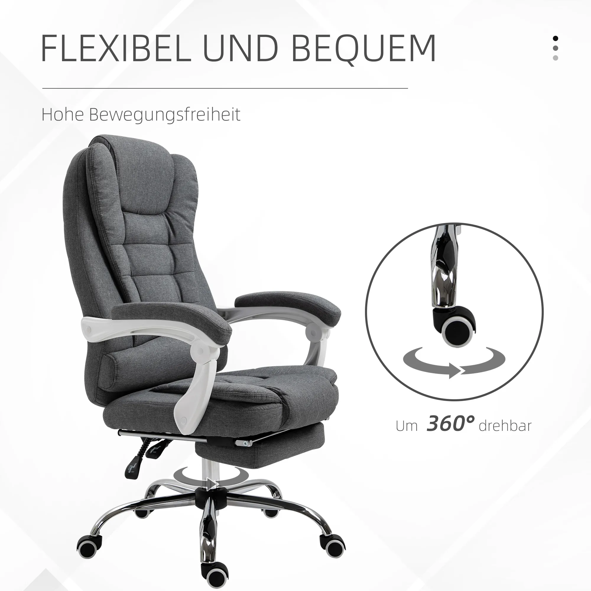 Bürostuhl Grau+Weiß 65L x 70B x 110-118H cm mit Fußstütze