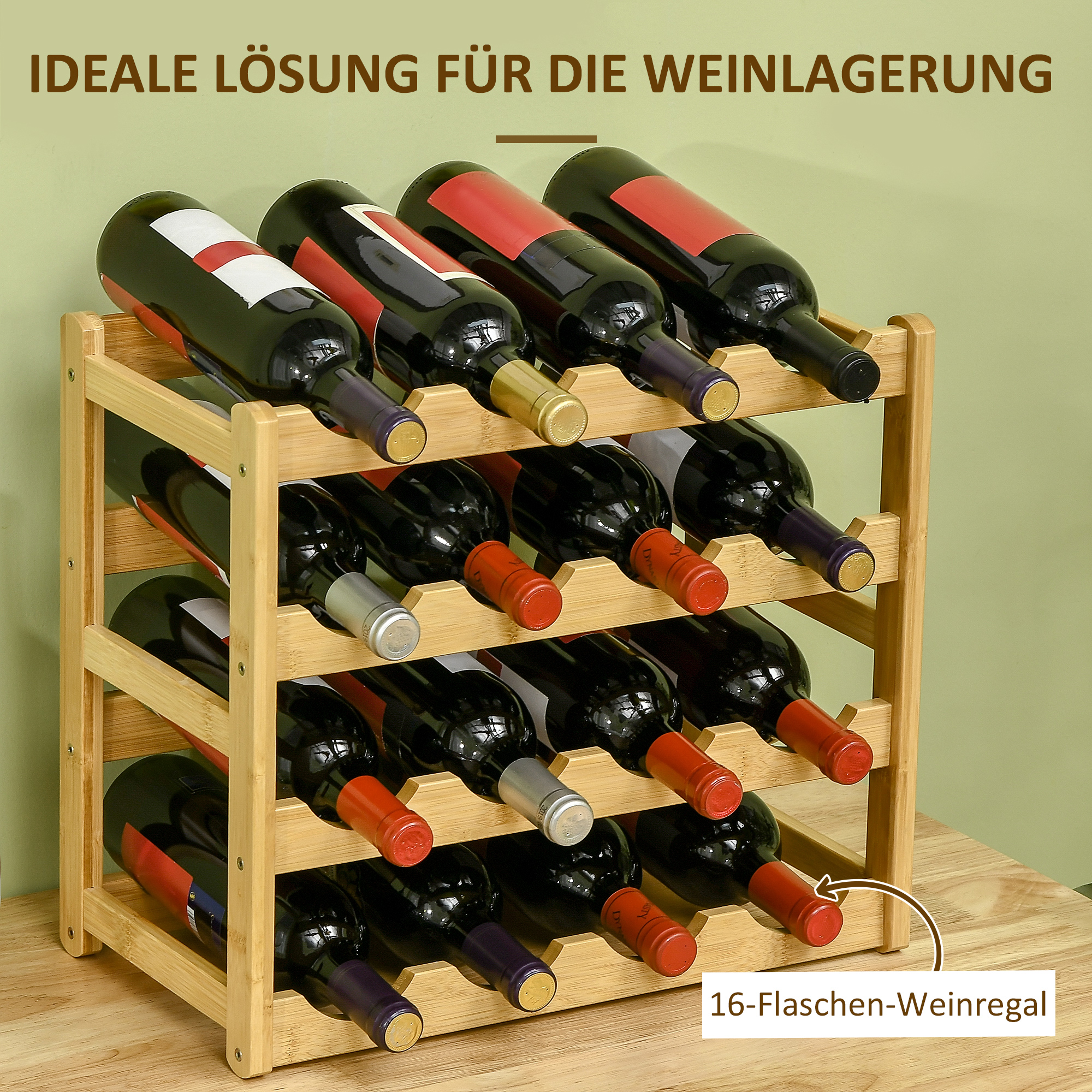 Weinregal aus Bambus 43L x 23,5B x 38H cm für 16 Flaschen