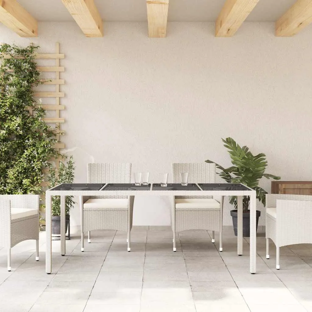 Gartentisch 190 x 90 x 75 cm Weiß aus PE-Rattan mit Glasplatte