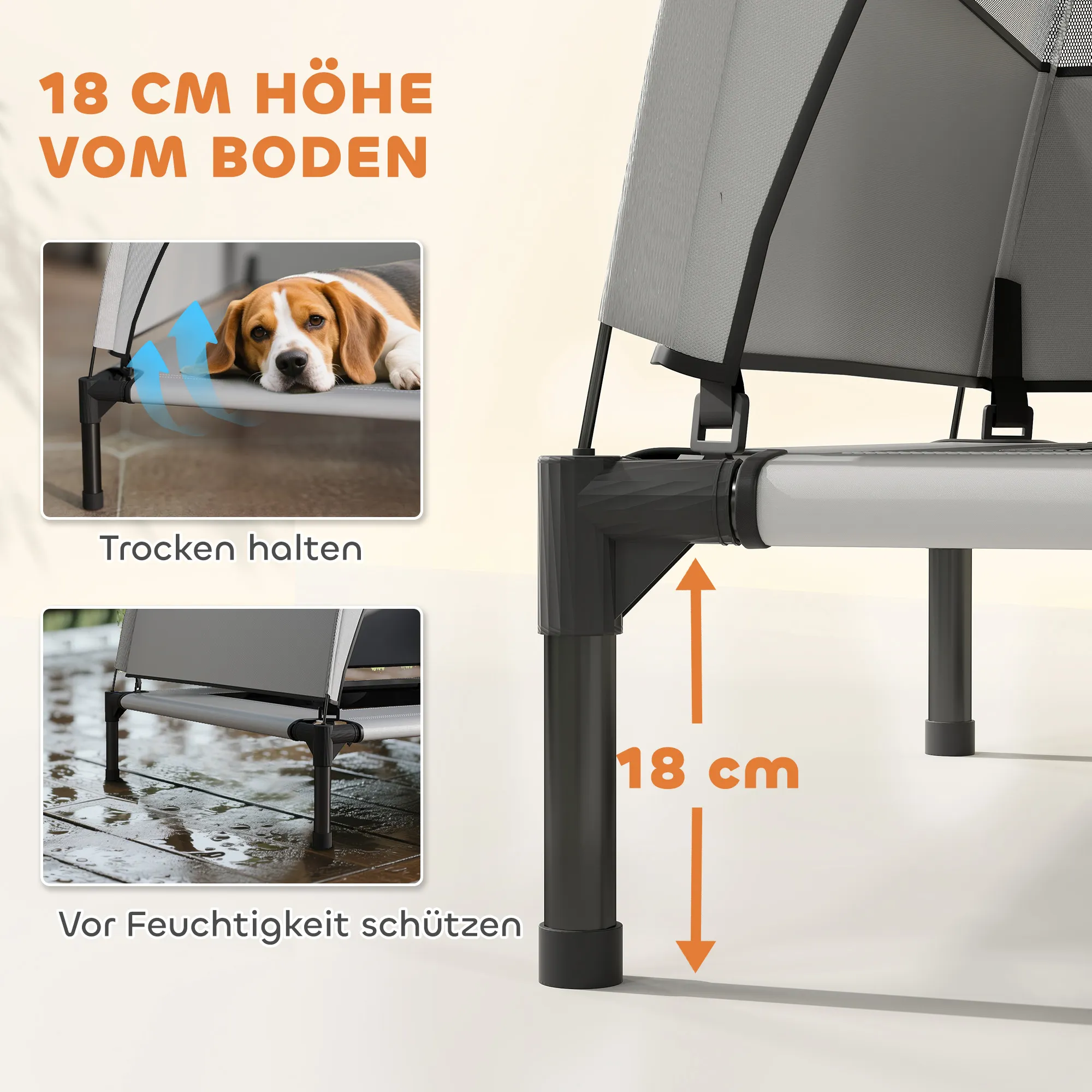 Hundebett Outdoor erhöht mit Dach, Stahlrahmen, 76x61x70cm, Hellgrau